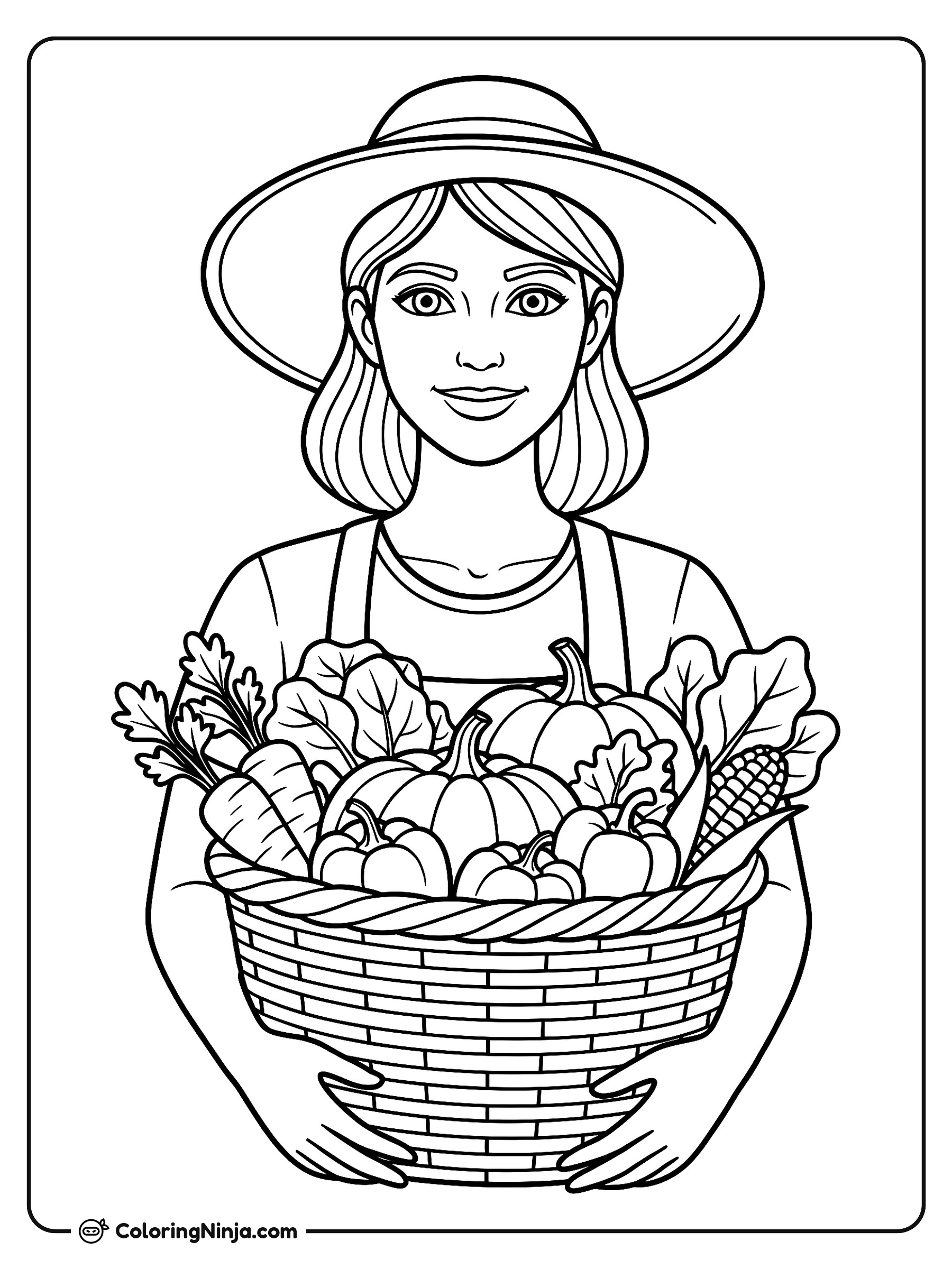 Jardinera feliz en tiempo de cosecha: dibujo para colorear