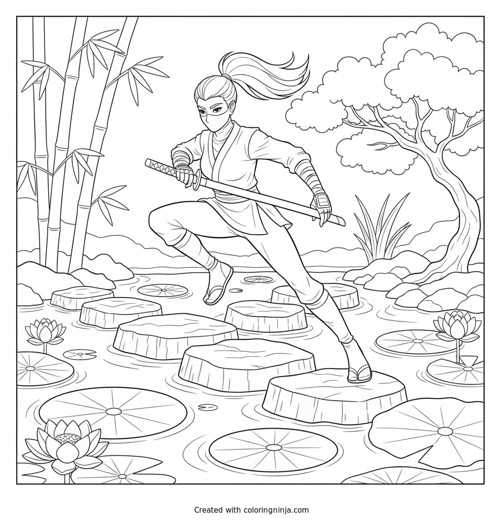 Ponytail Ninja Garden Leap Coloring Page