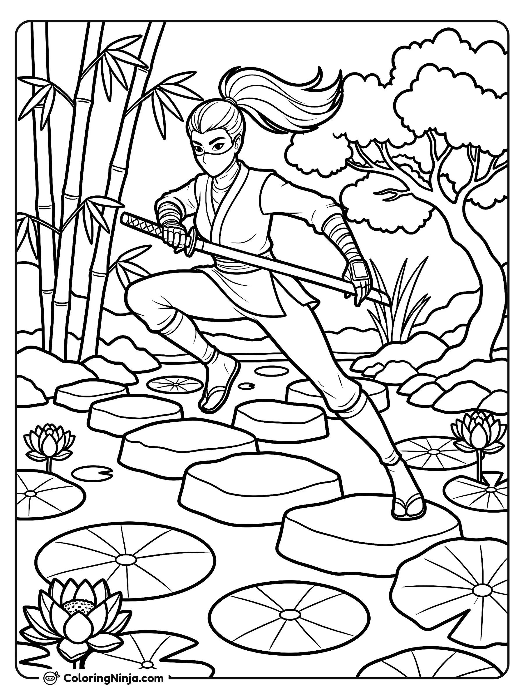 Ninja con coleta saltando en el jardín, dibujo para colorear: Una ágil ninja con coleta salta sobre las piedras de un tranquilo estanque lleno de flores de loto y nenúfares. A su alrededor crecen altos bambúes y se divisa un frondoso árbol al fondo.
