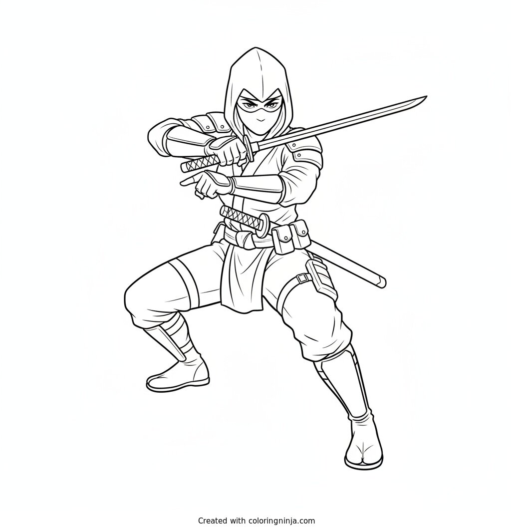Coloring page of Female ninja warrior in a fighting stance