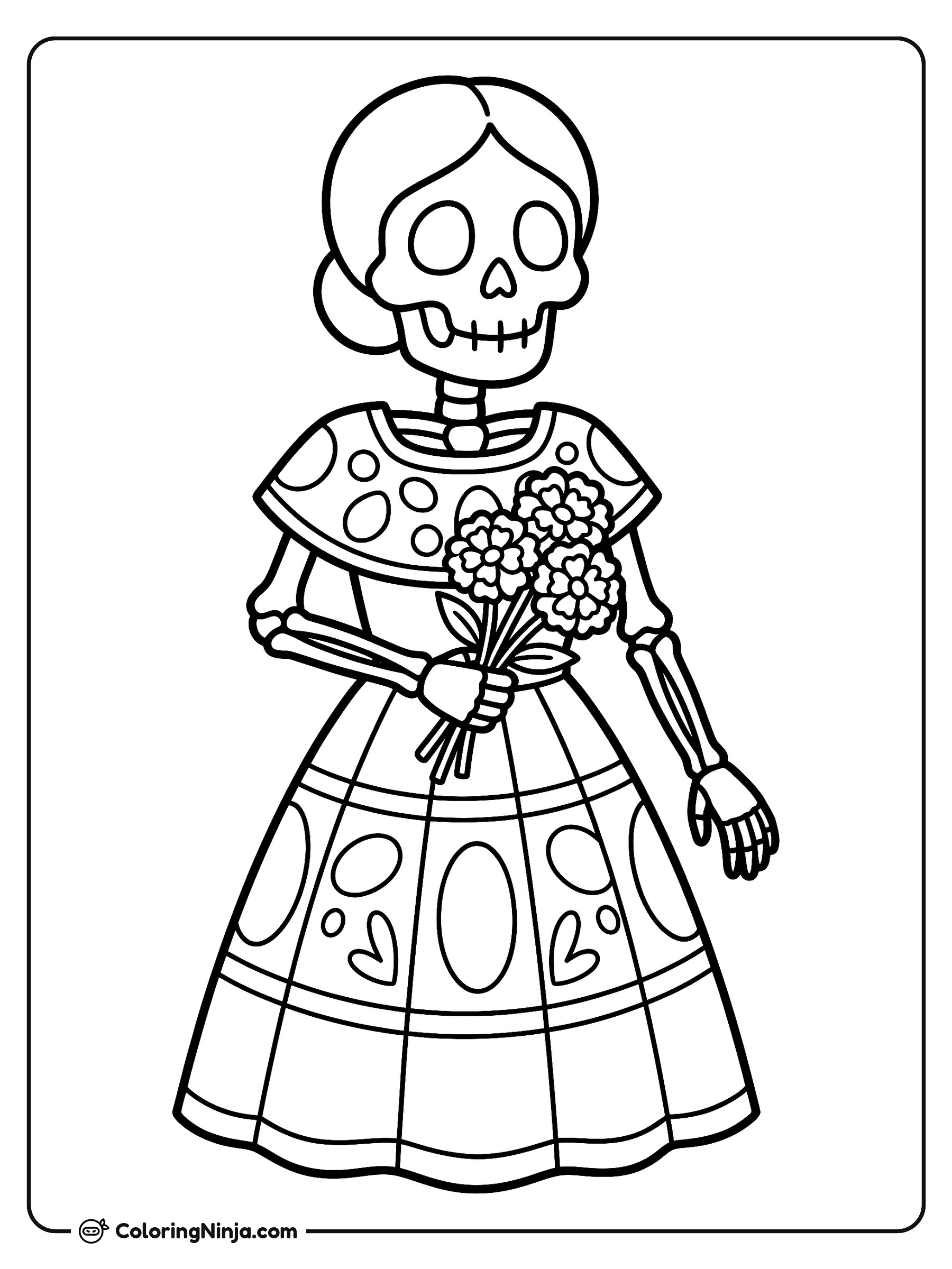 Standing Catrina with Bouquet Coloring Page