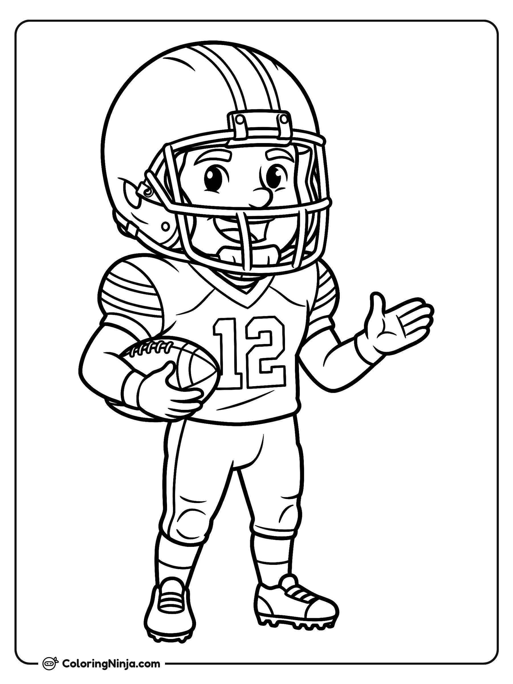 Jugador de fútbol americano Fernando Mendoza, dibujo para colorear: Fernando Mendoza posa sonriente con su uniforme de fútbol americano, casco, tacos y el número doce en su camiseta. Sostiene un balón bajo el brazo mientras saluda de forma amigable.