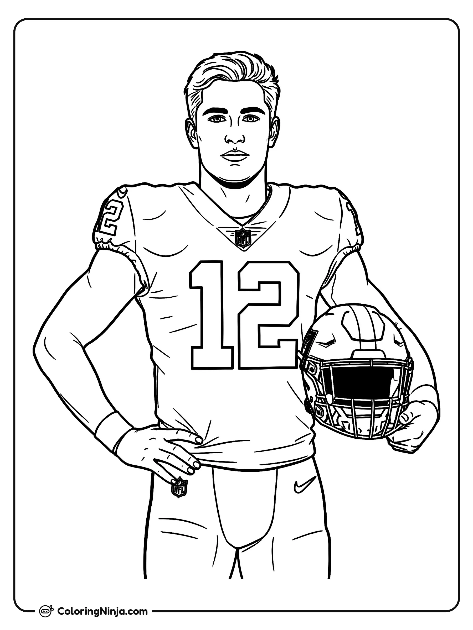 Fernando Mendoza con Casco Bajo el Brazo, dibujo para colorear: Fernando Mendoza posa con firmeza vistiendo su uniforme completo de fútbol americano con el número 12 y sosteniendo su casco bajo el brazo.