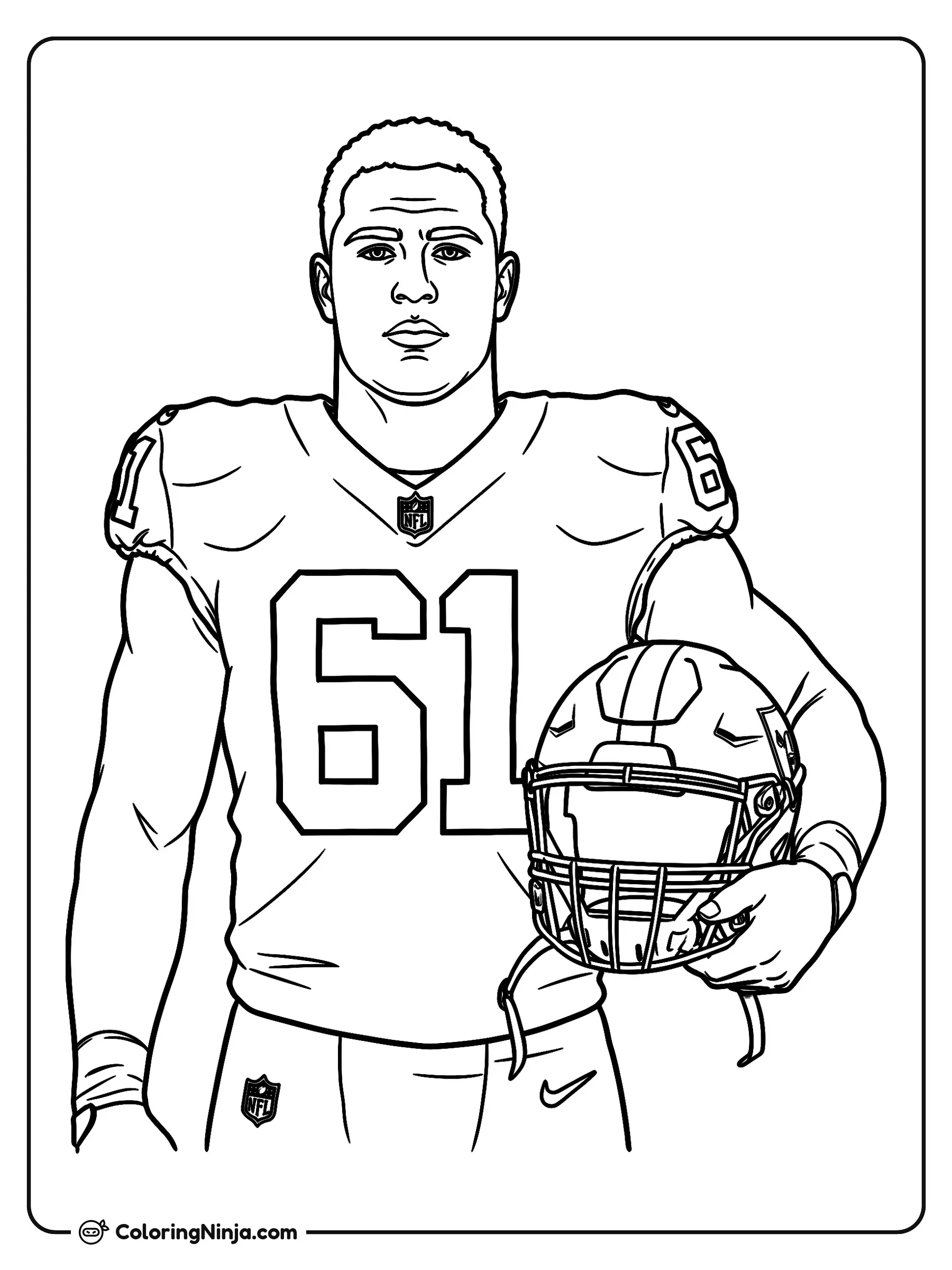 Retrato de Fernando Mendoza en la Banda, dibujo para colorear: Fernando Mendoza posa con seguridad en la banda luciendo su uniforme de fútbol americano y sosteniendo su casco bajo el brazo.