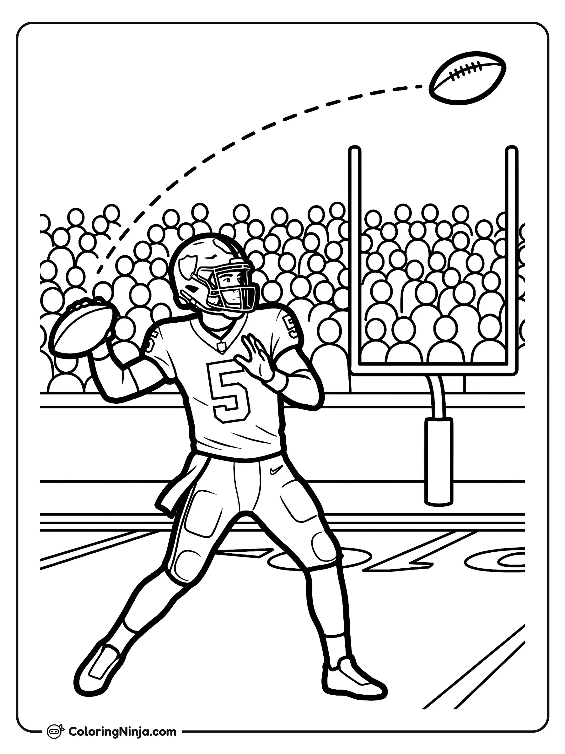Fernando Mendoza lanzando un pase largo, dibujo para colorear: El jugador de fútbol americano Fernando Mendoza, con el número 5, lanza un pase profundo en un estadio lleno de aficionados.