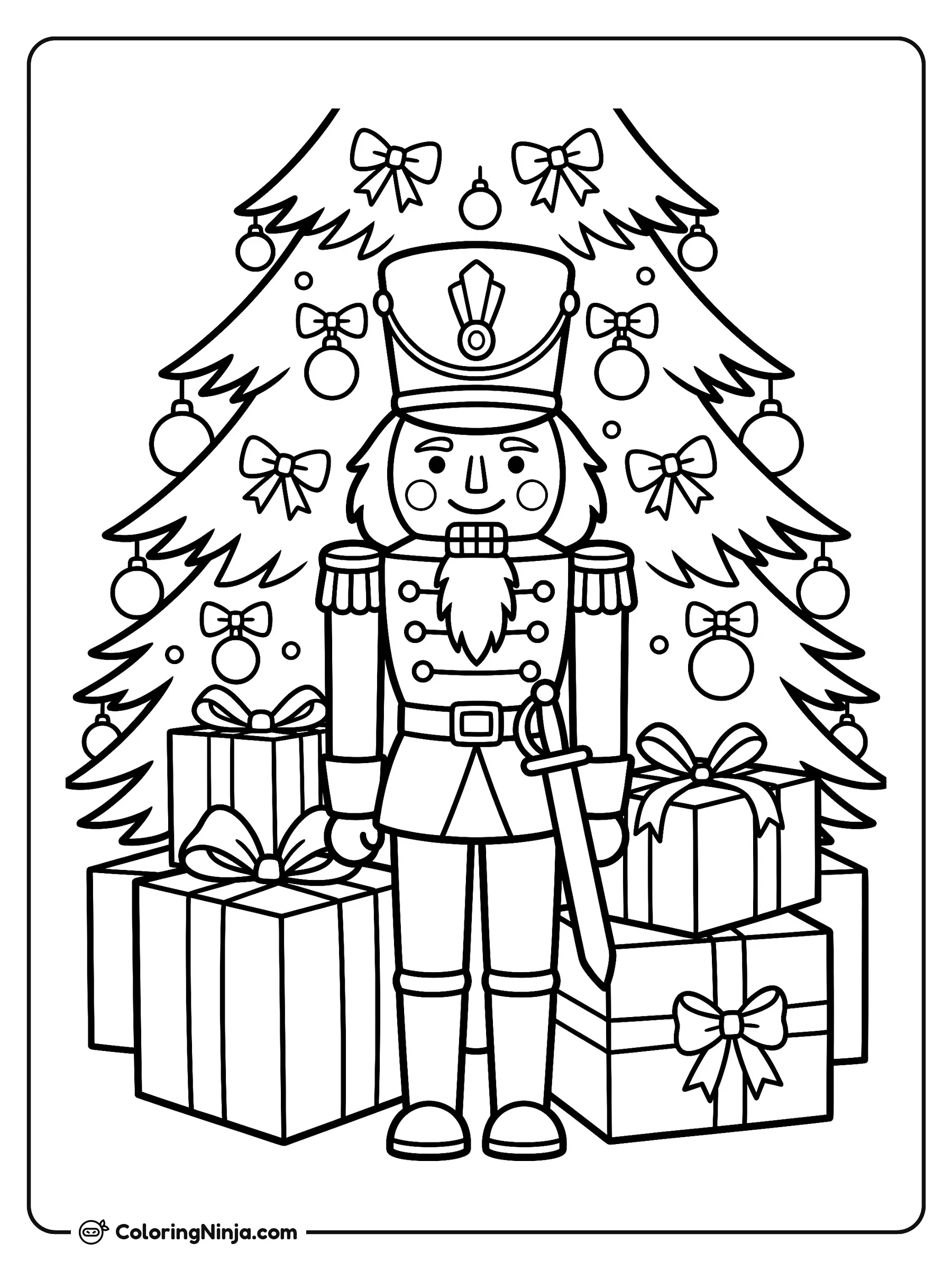 Nutcracker Beside the Tree Coloring Page: A friendly nutcracker stands guard next to a large pine tree decorated with round baubles and stars. Stacked around his feet are several gift boxes wrapped with large bows.