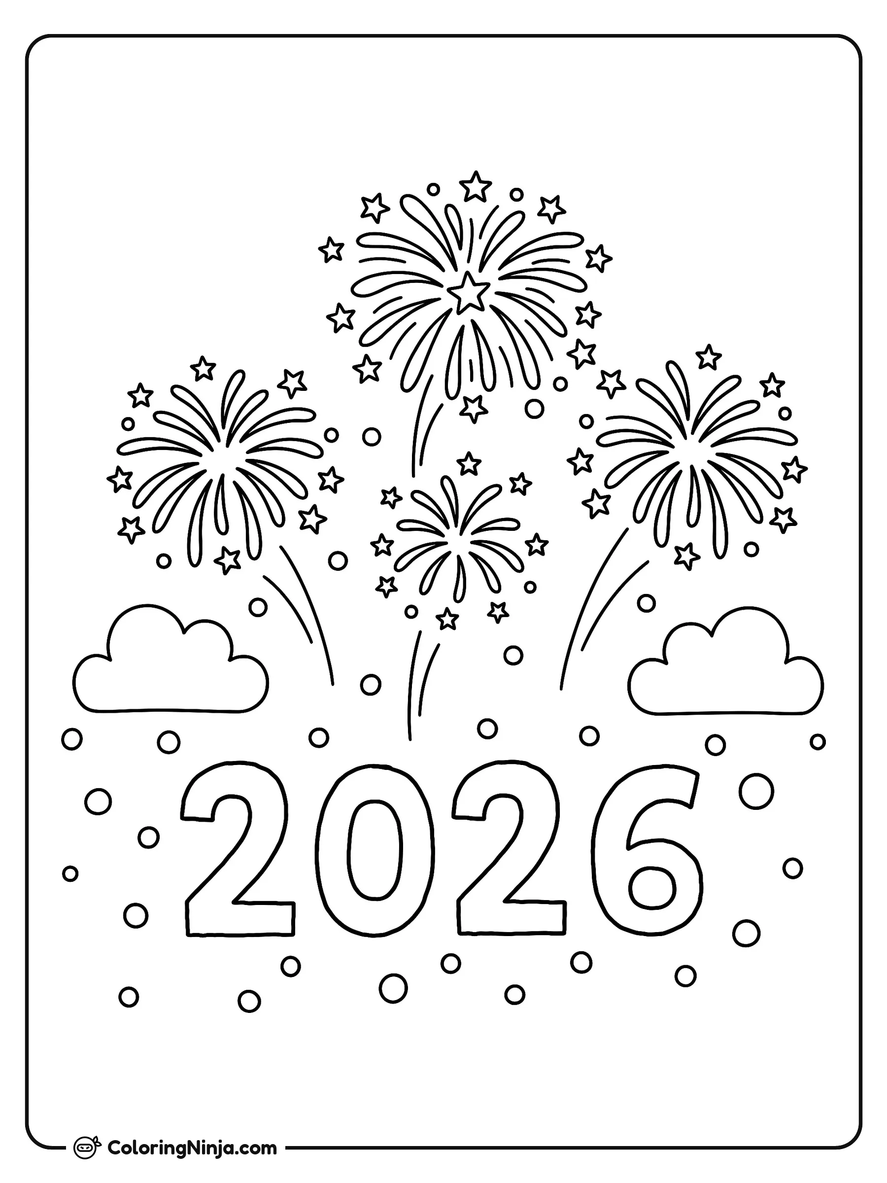 Fuegos artificiales y año 2026, dibujo para colorear: Grandes números del año 2026 destacan debajo de un cielo lleno de fuegos artificiales, pequeñas estrellas y nubes esponjosas. Es un diseño festivo y alegre ideal para celebrar el Año Nuevo.