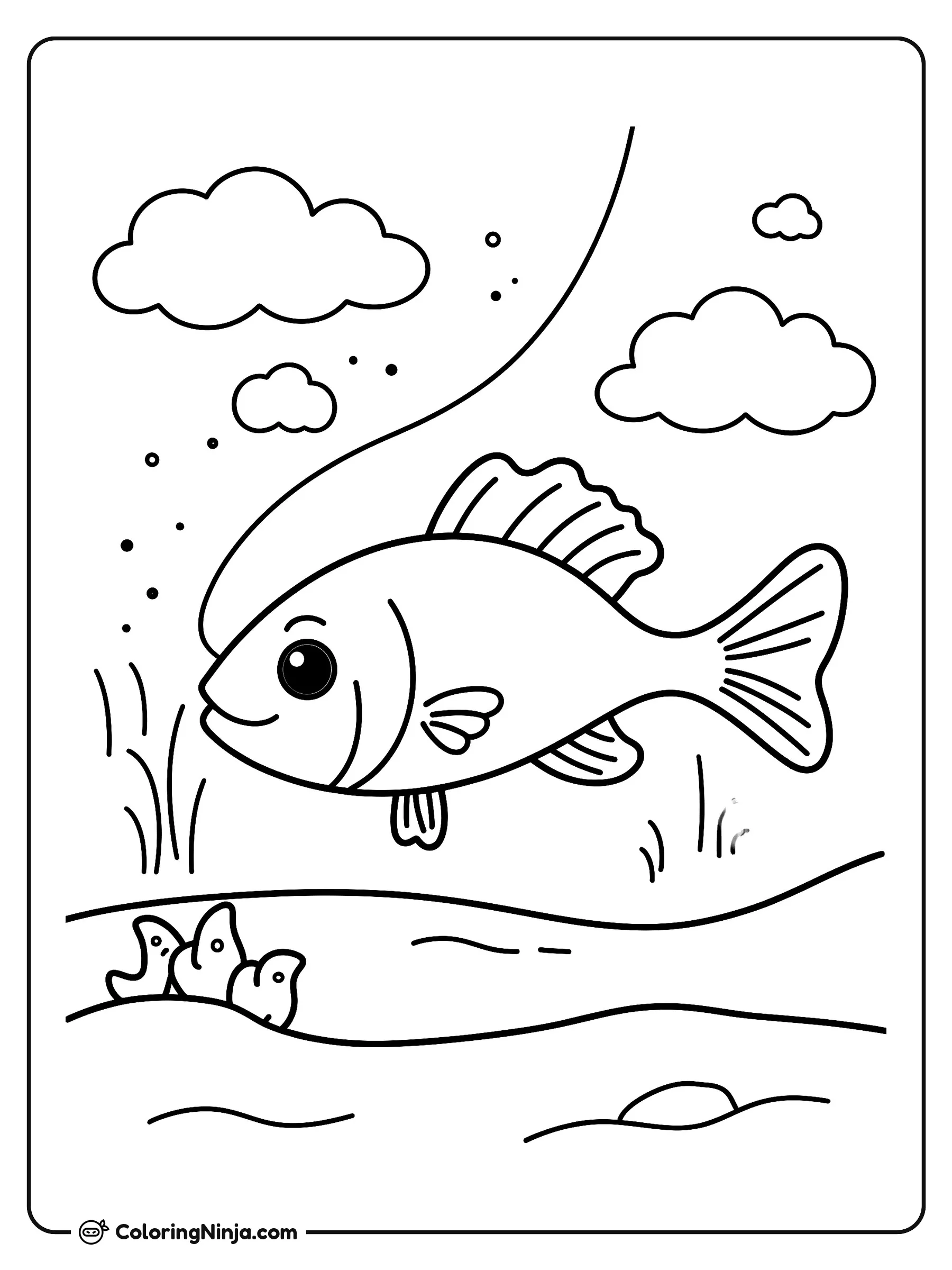 Pez alegre bajo el agua, dibujo para colorear: Un divertido pececito nada en el fondo del mar rodeado de burbujas y una línea de pesca. A su alrededor hay algas marinas, caracoles y rocas en el suelo marino.
