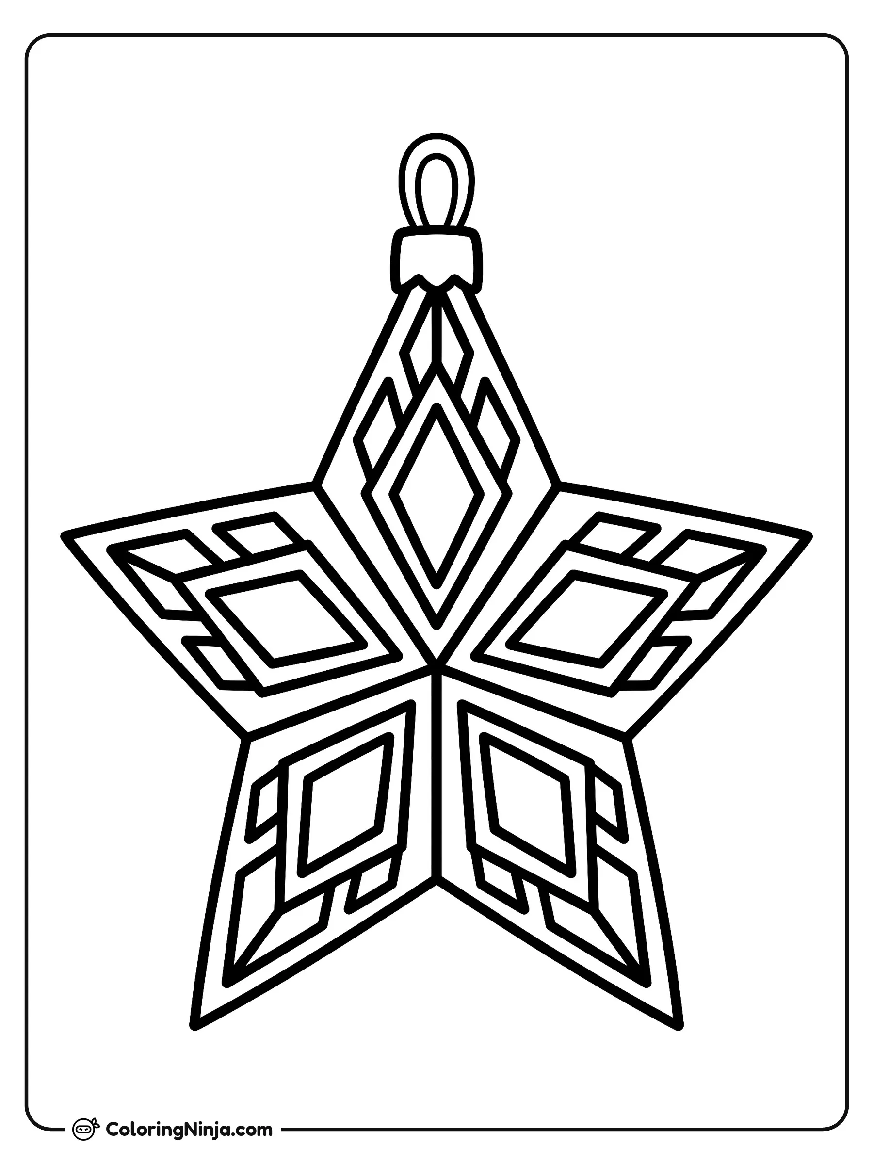 Adorno de estrella geométrica, dibujo para colorear: Esta imagen presenta un adorno navideño en forma de estrella de cinco puntas con intrincados patrones geométricos en su interior.