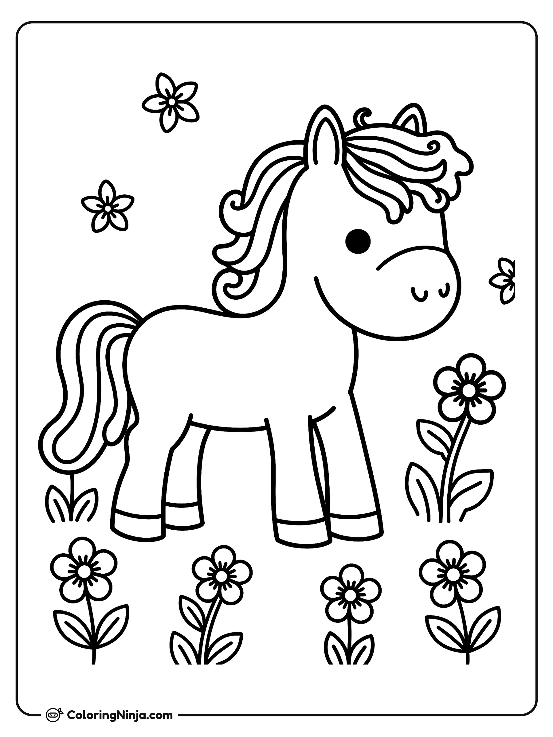 Caballo Alegre entre Flores: dibujo para colorear