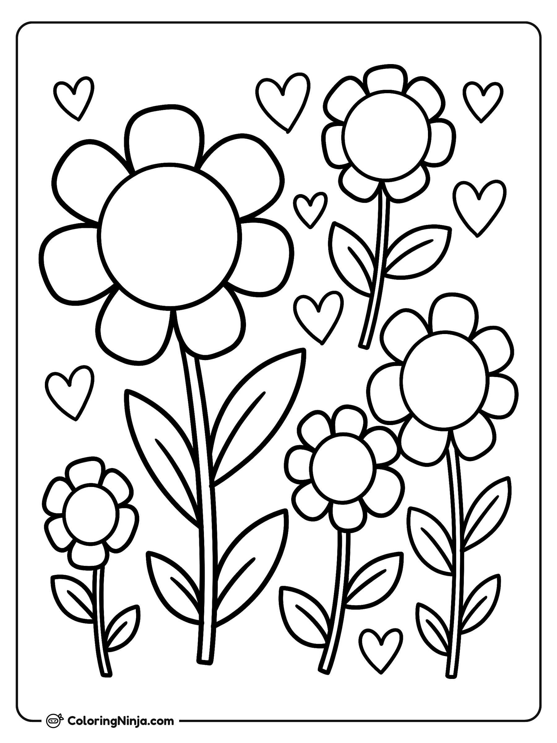 Flores y corazones en el jardín: dibujo para colorear