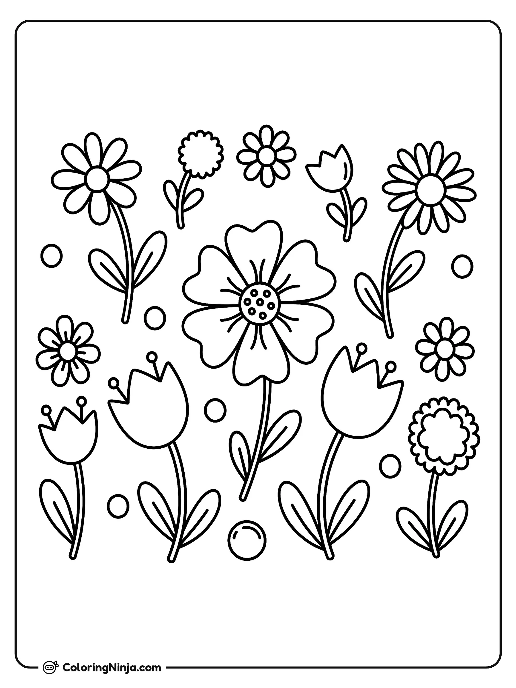 Jardín variado de lindas flores, dibujo para colorear: Una encantadora escena de jardín muestra varios tipos de flores, incluyendo margaritas, tulipanes y flores esféricas sobre tallos con hojas.
