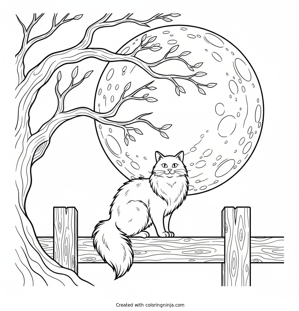 Midnight Cat on the Fence Coloring Page