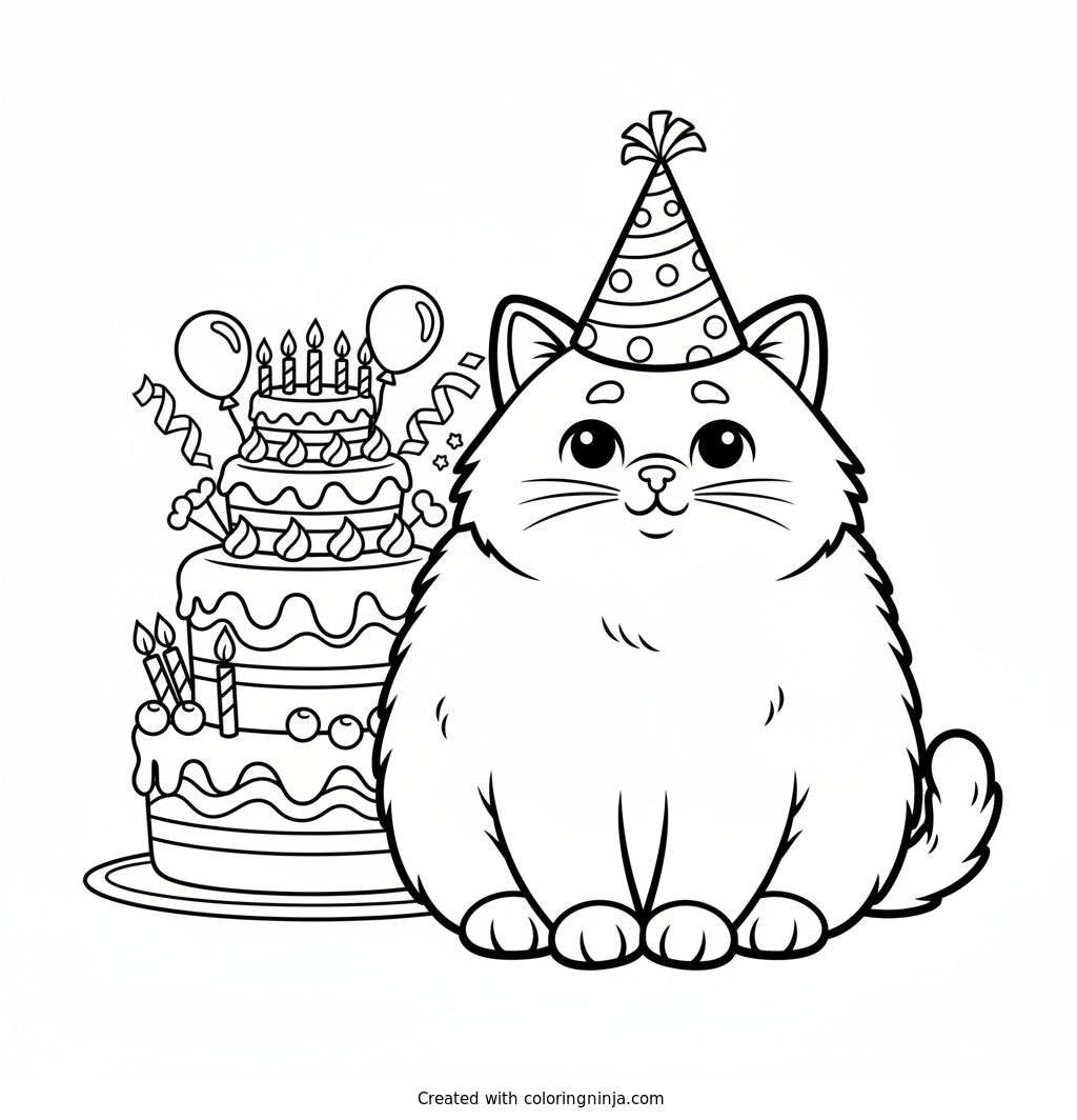 A Birthday Celebration for Kitten Coloring Page