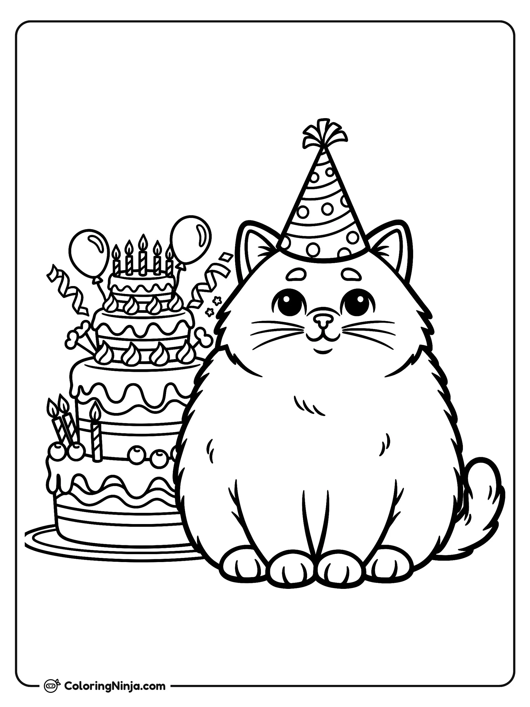 Fiesta de cumpleaños del gatito, dibujo para colorear: Un tierno gatito con gorro festivo posa junto a un pastel de cumpleaños decorado con velitas, globos y serpentinas.