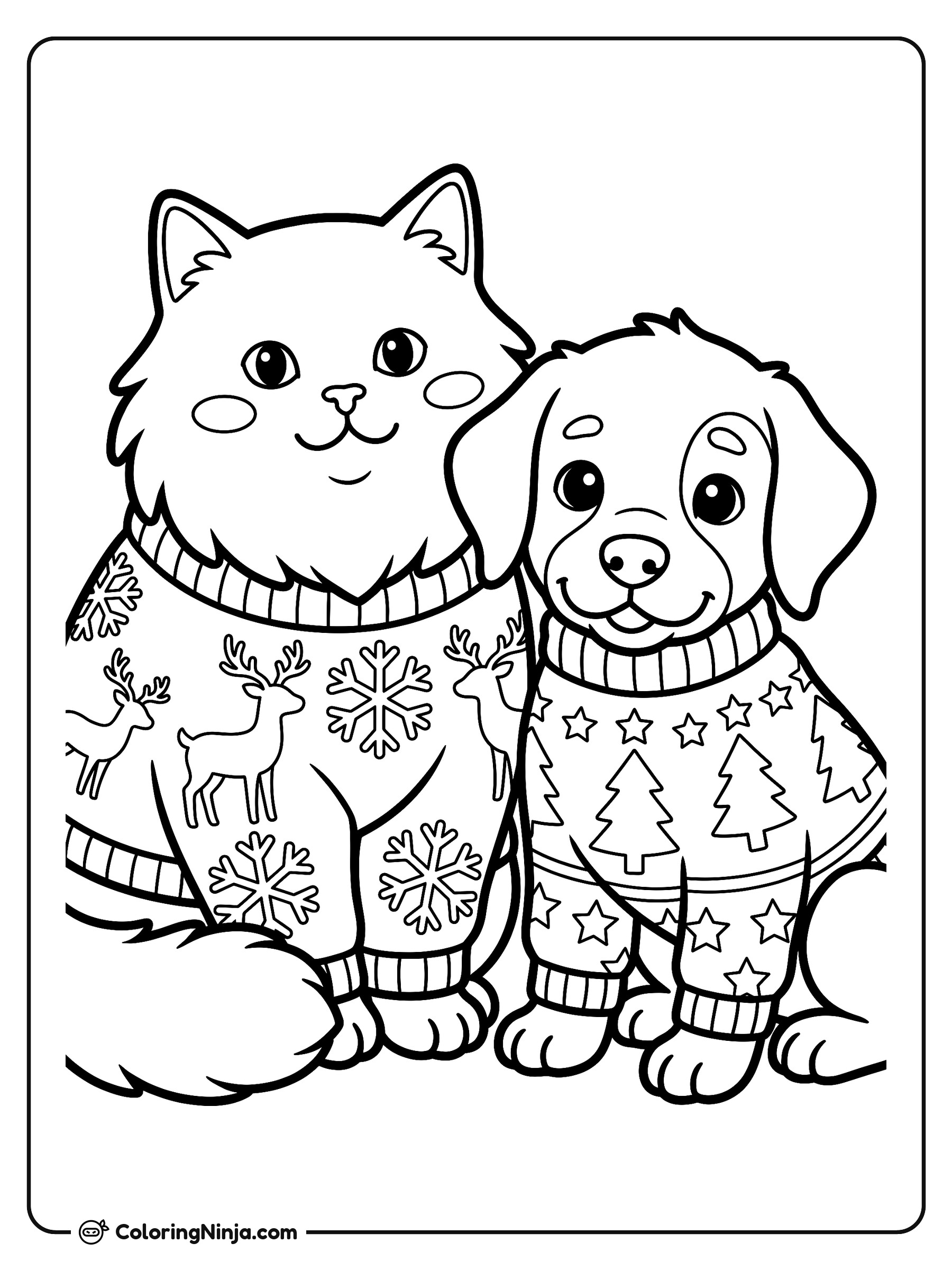 Cat and Puppy in Sweaters Coloring Page