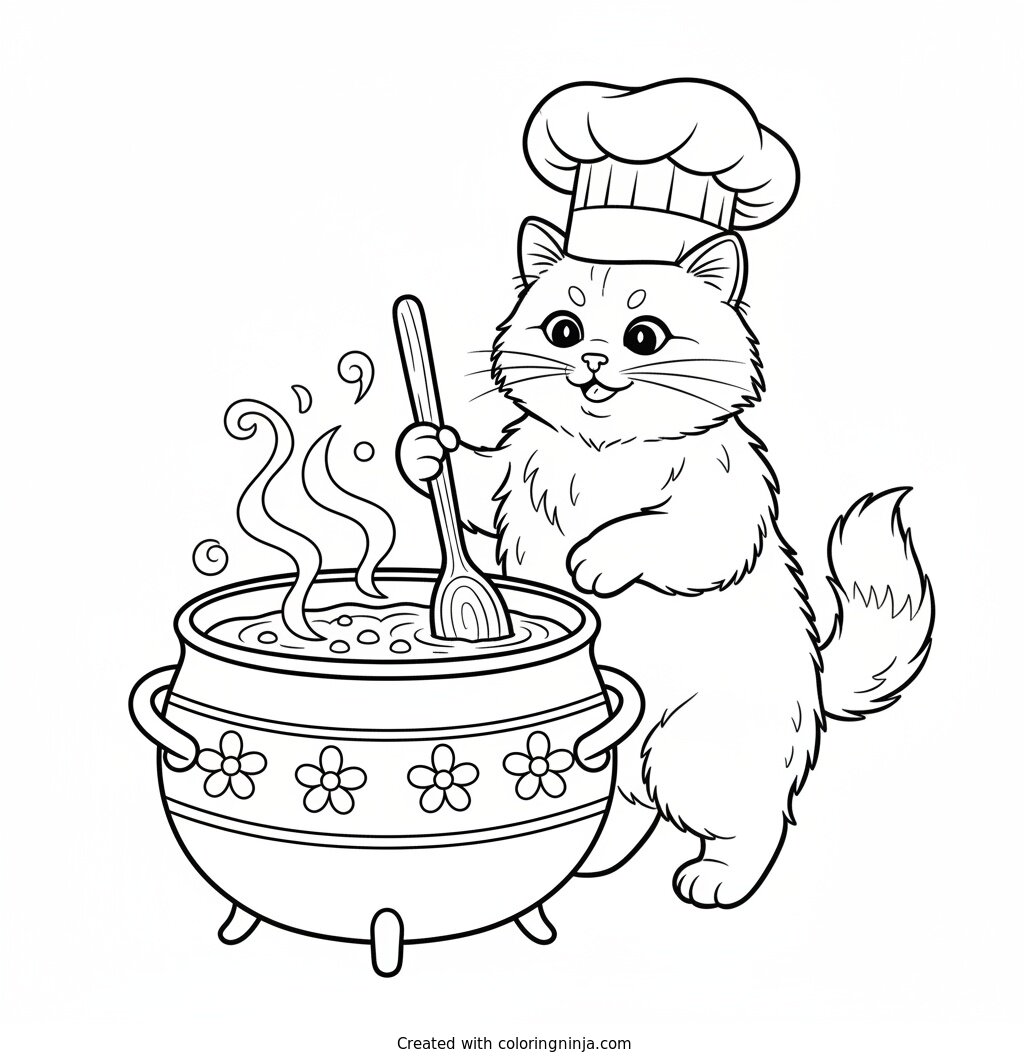 Little Chef Cat's Big Soup Coloring Page