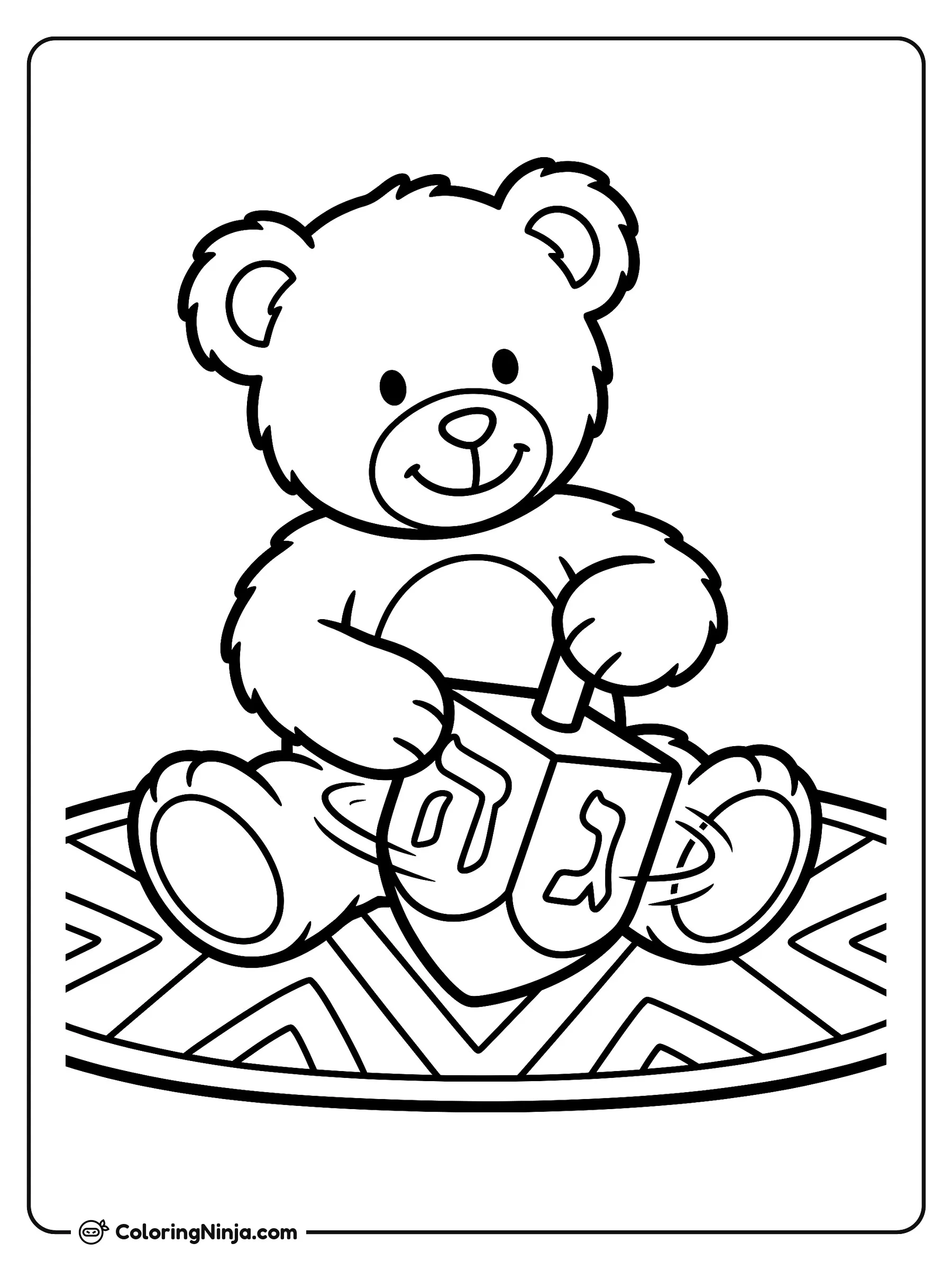 Teddy Bear Spinning a Dreidel Coloring Page: A cute teddy bear with a bow tie sits on a woven rug, reaching out to spin a big wooden dreidel.