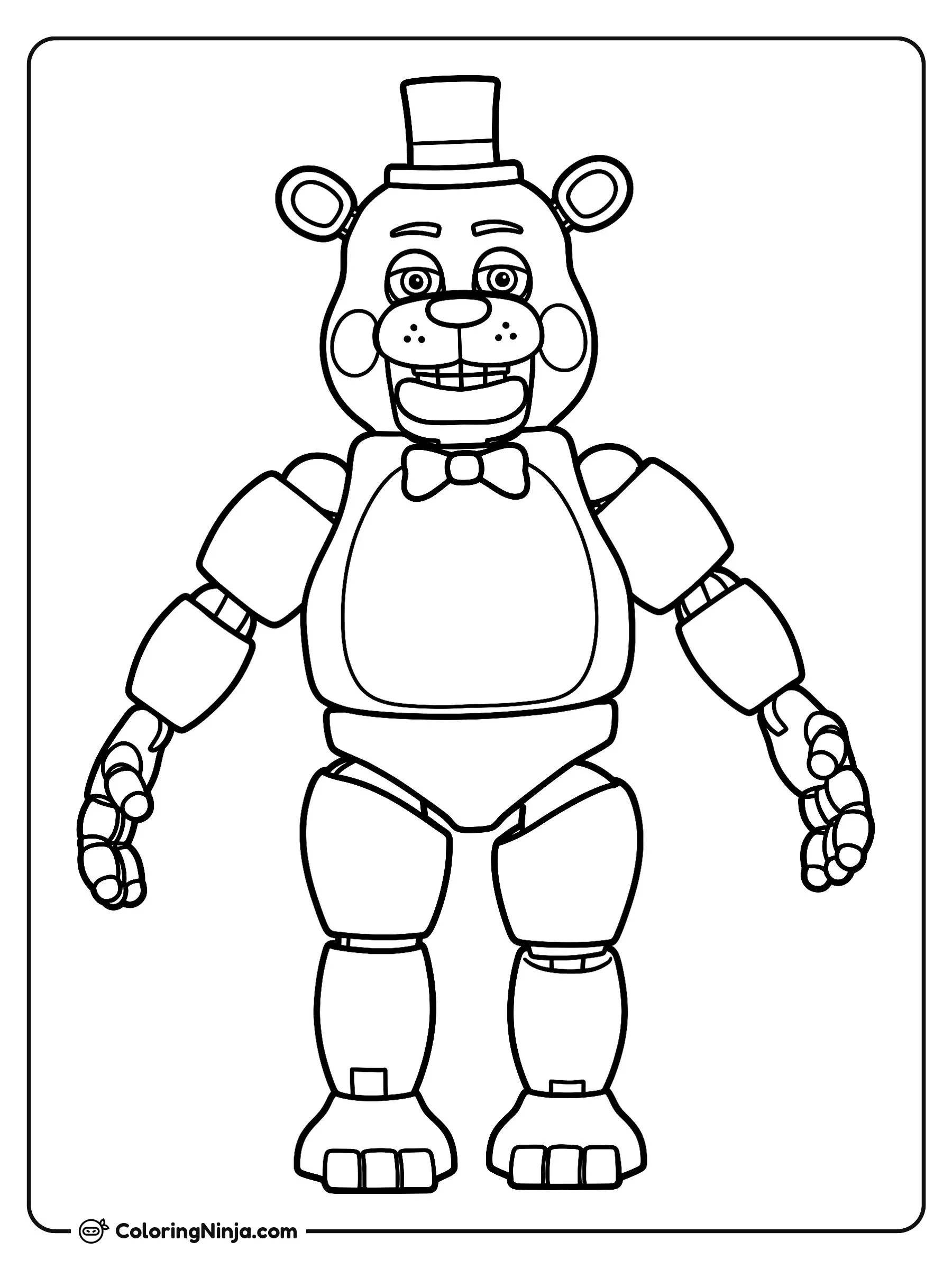 Vista Completa de Oso Fnaf de Pie, dibujo para colorear: Una vista de cuerpo entero muestra a un personaje de oso de Fnaf de pie, luciendo un pequeño sombrero de copa y un moño.