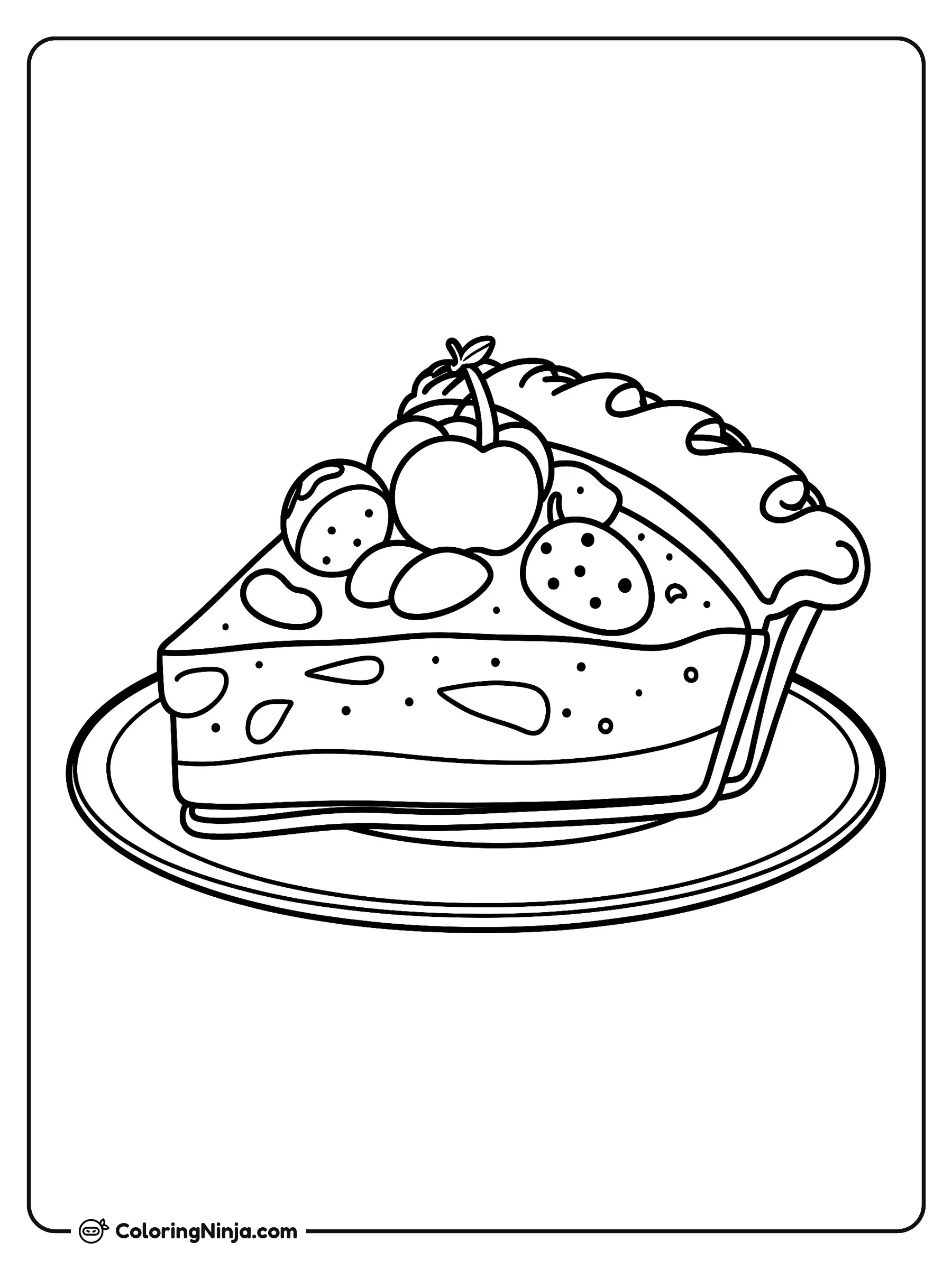 Deliciosa rebanada de pay de frutas, dibujo para colorear: Una deliciosa rebanada de pay de frutas reposa sobre un plato redondo, mostrando su relleno por capas y su orilla ondulada.
