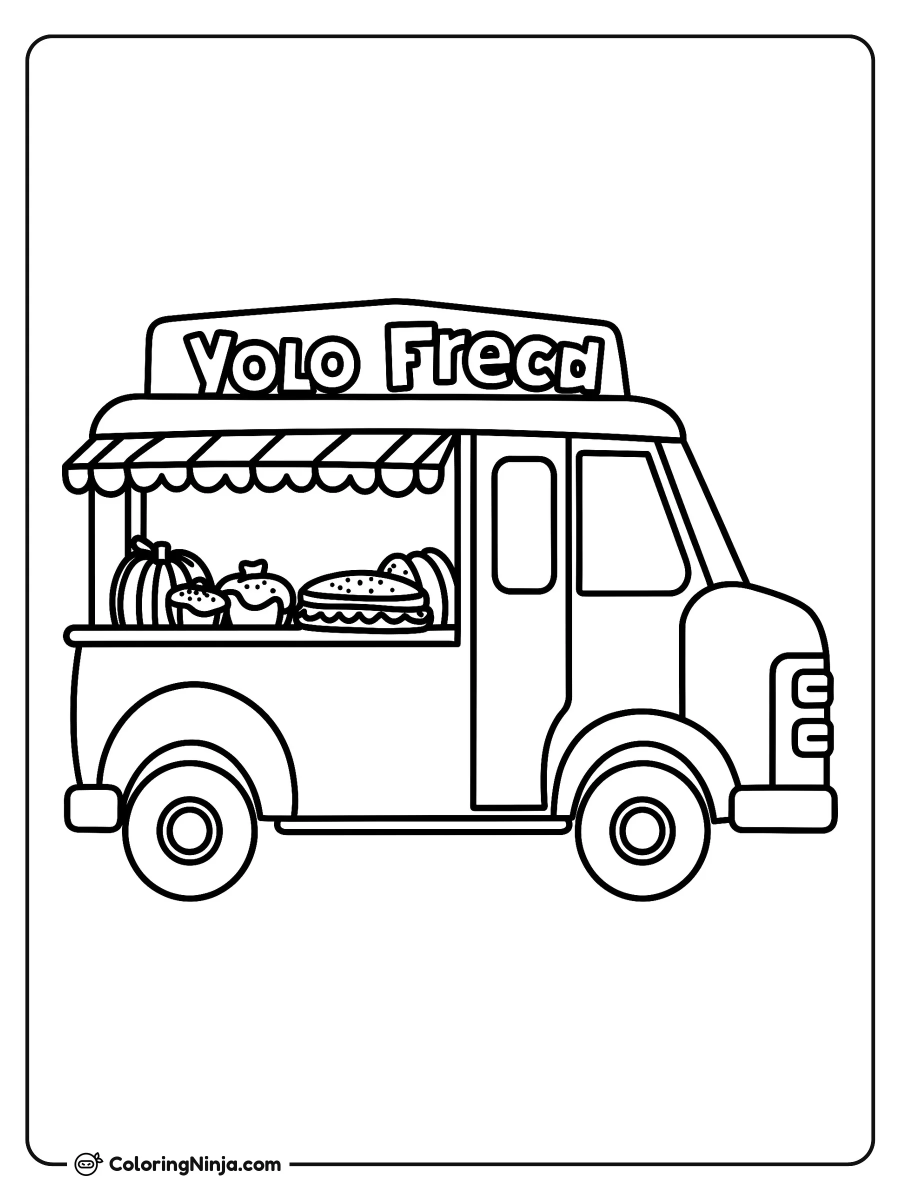 Camión de comida rápida, dibujo para colorear: Un camión de comida cuenta con un gran letrero en la parte superior y un toldo a rayas sobre el mostrador de atención.