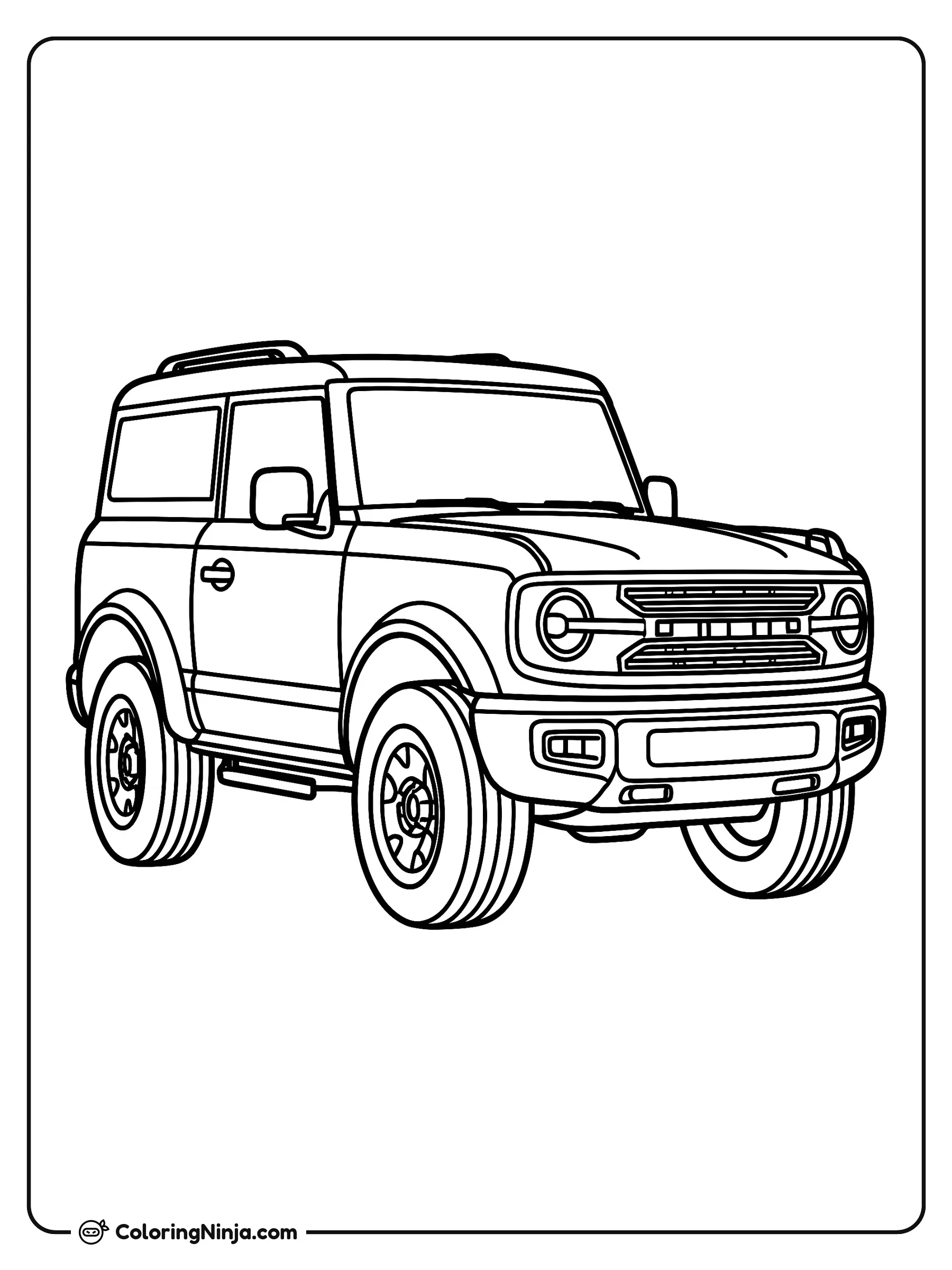 Un Ford Bronco Sport, dibujo para colorear: Un Ford Bronco Sport estacionado se muestra desde una perspectiva frontal de tres cuartos.