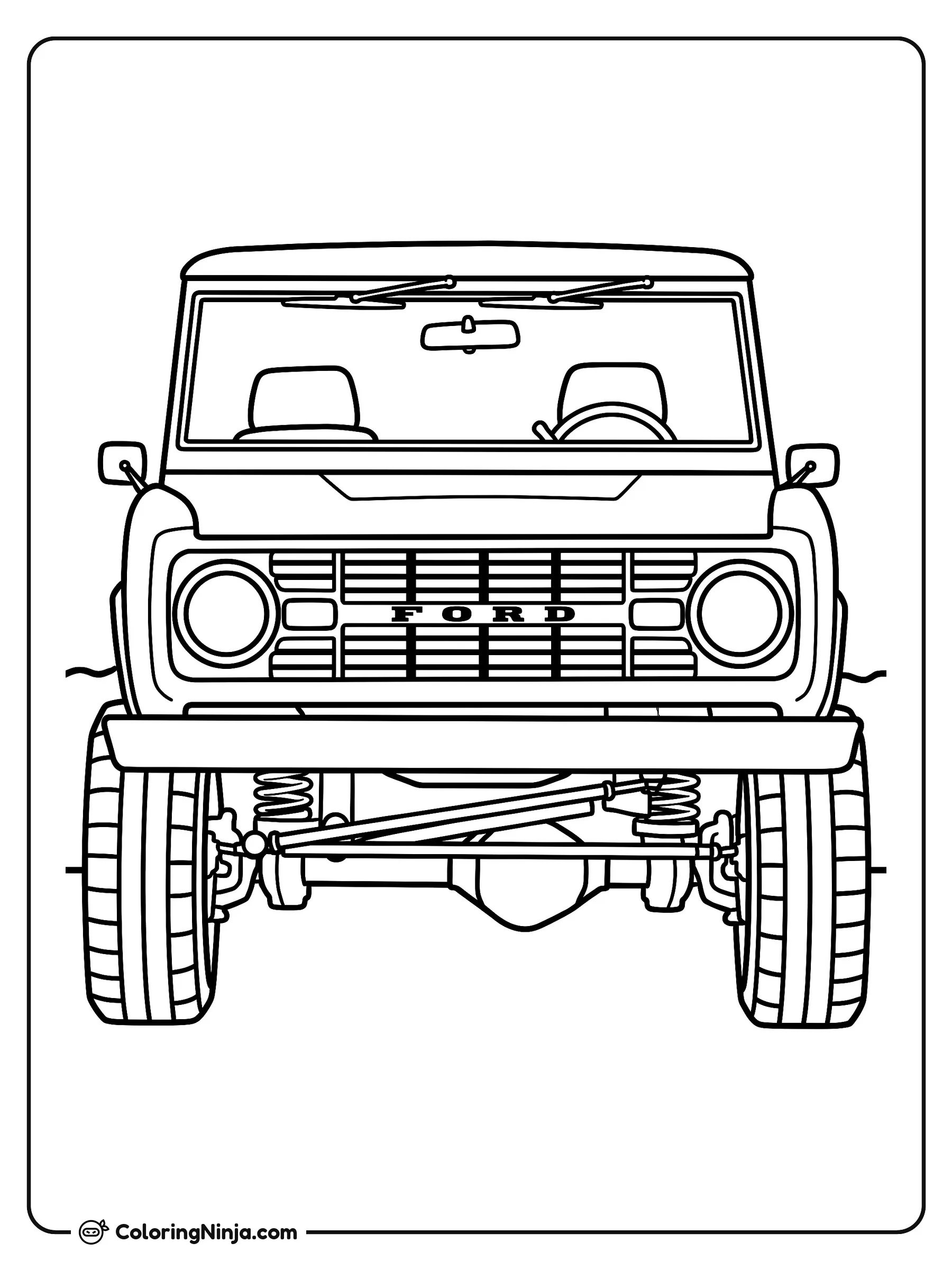Vista Frontal de Ford Bronco Clásico, dibujo para colorear: Un acercamiento muestra la parte delantera de un Ford Bronco clásico estacionado al aire libre.