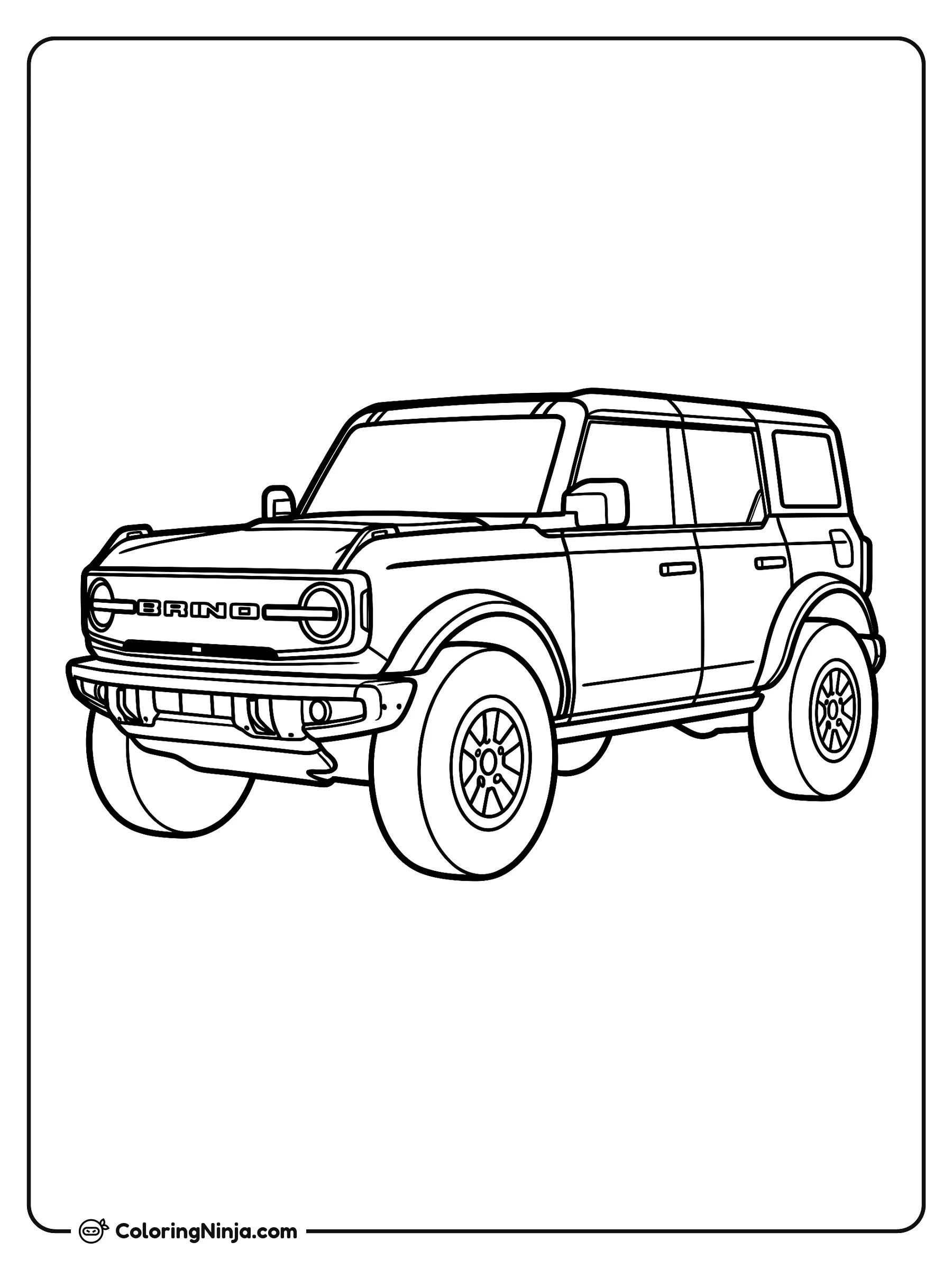 Camioneta Ford Bronco en Vista Tres Cuartos, dibujo para colorear: Una robusta camioneta Ford Bronco se encuentra estacionada en ángulo, mostrando su parrilla frontal, espejos laterales y grandes llantas todo terreno.
