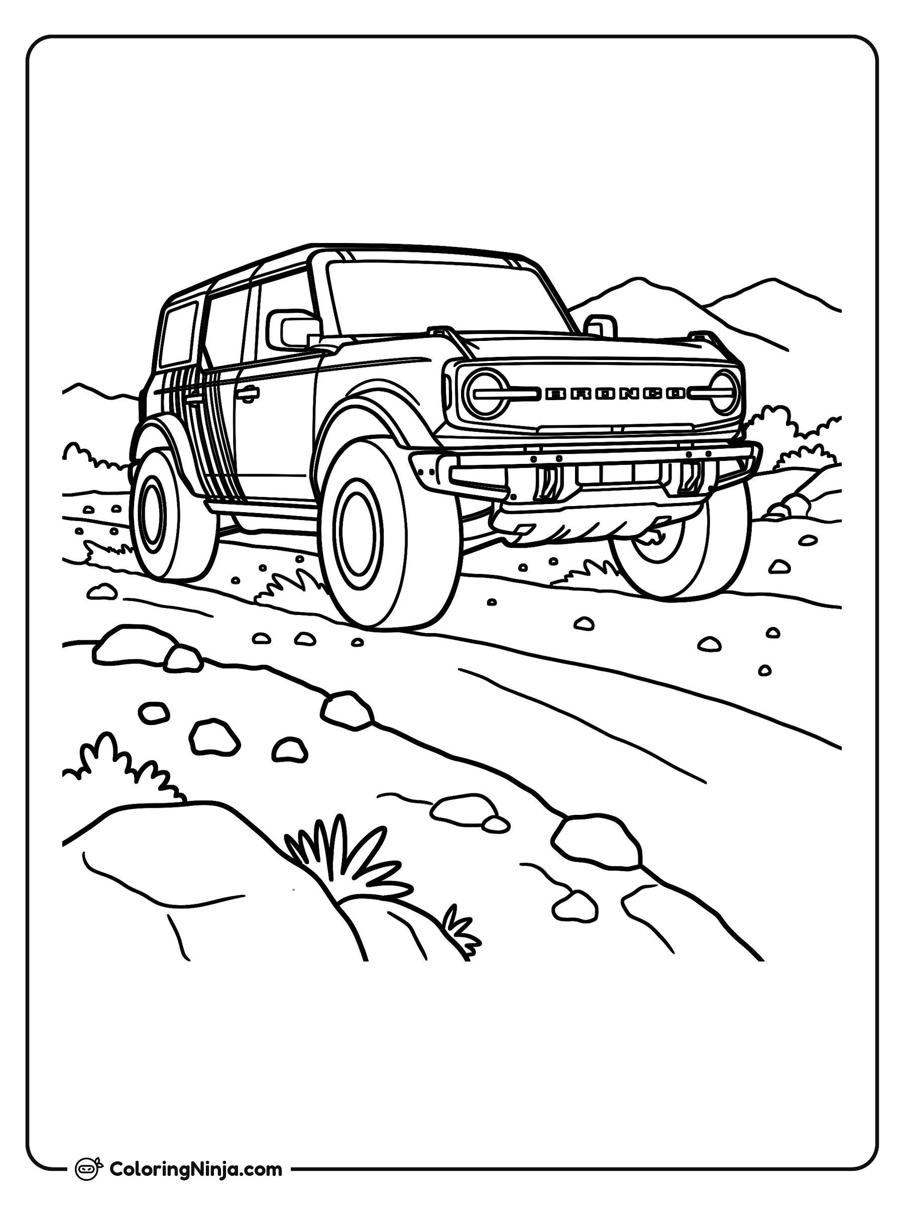 Ford Bronco en camino de montaña: dibujo para colorear