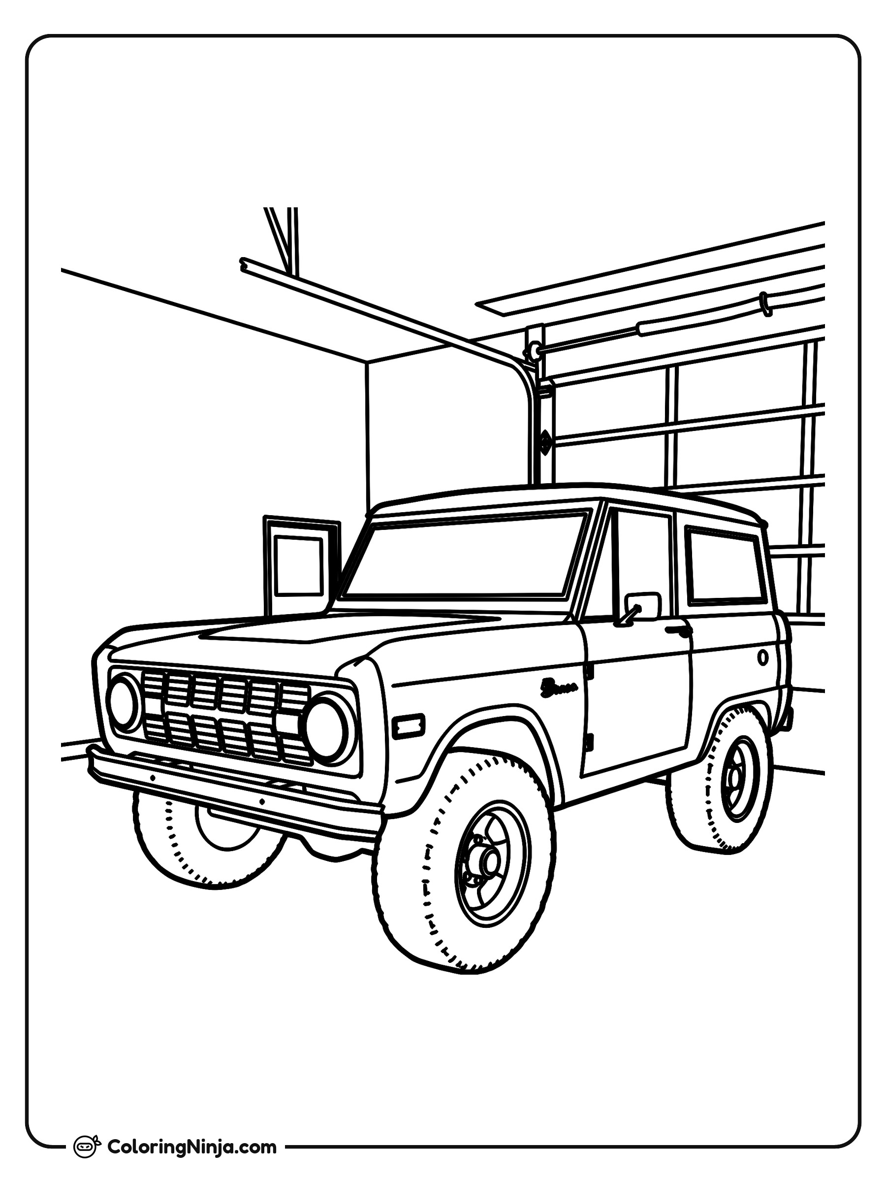Ford Bronco en un garaje: dibujo para colorear