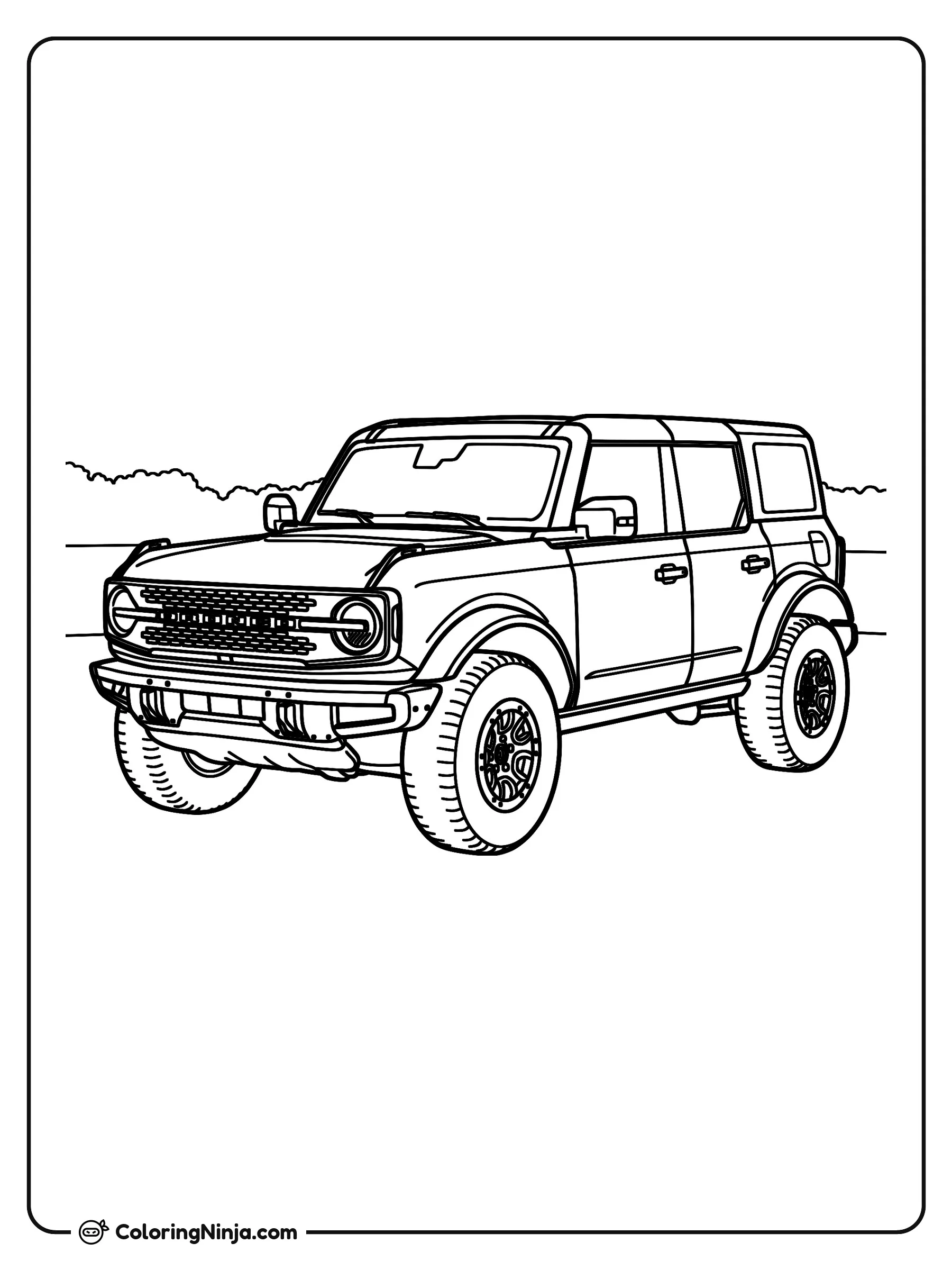 Camioneta todoterreno Ford Bronco, dibujo para colorear: Un Ford Bronco se encuentra estacionado al aire libre frente a un horizonte despejado y pequeños arbustos.