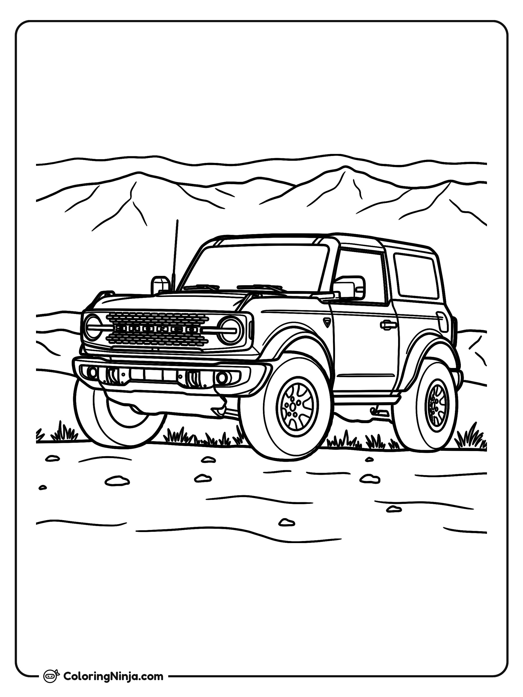 Ford Bronco en paisaje desértico: dibujo para colorear