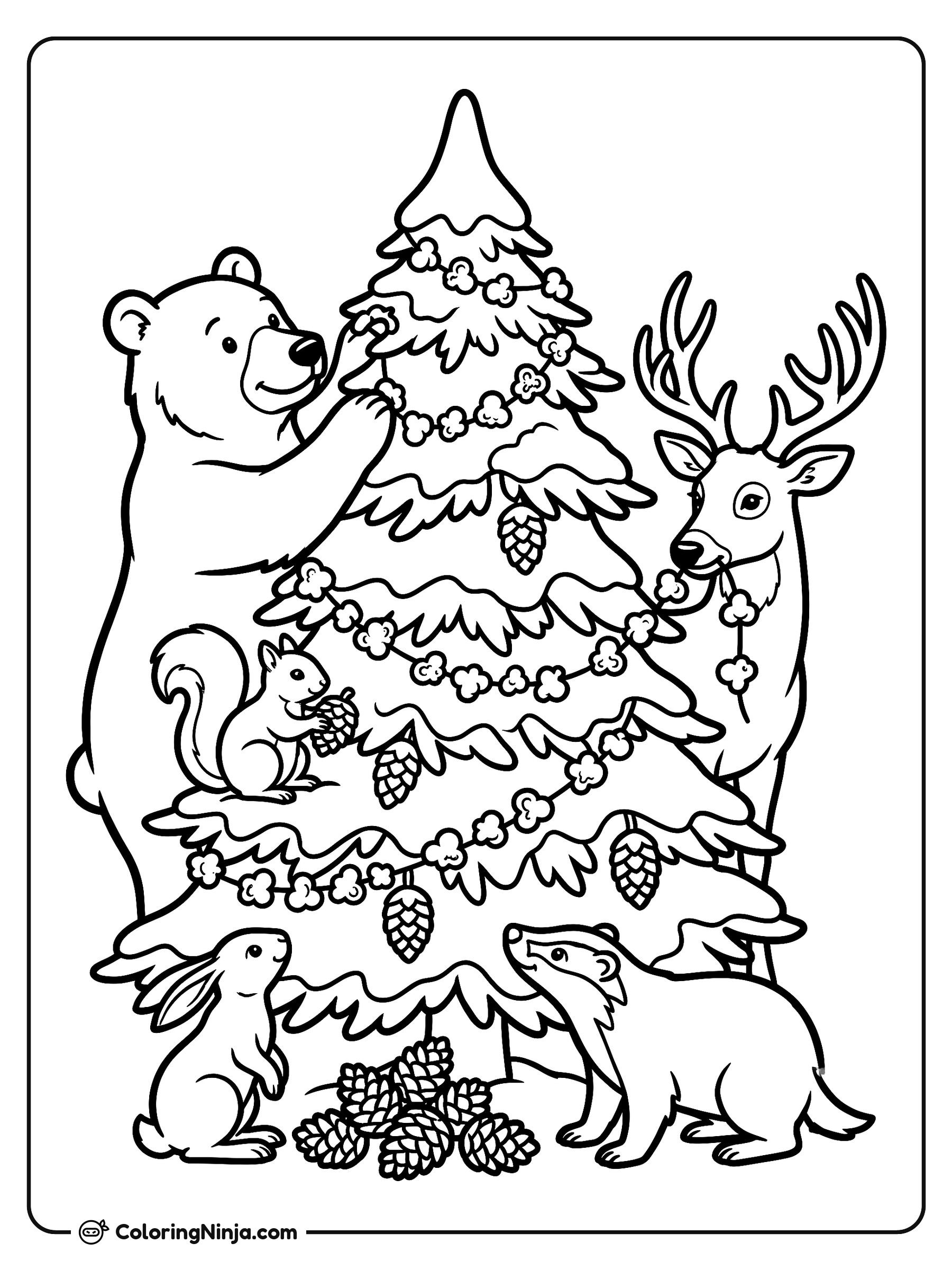 Woodland Animals Decorating a Tree Coloring Page