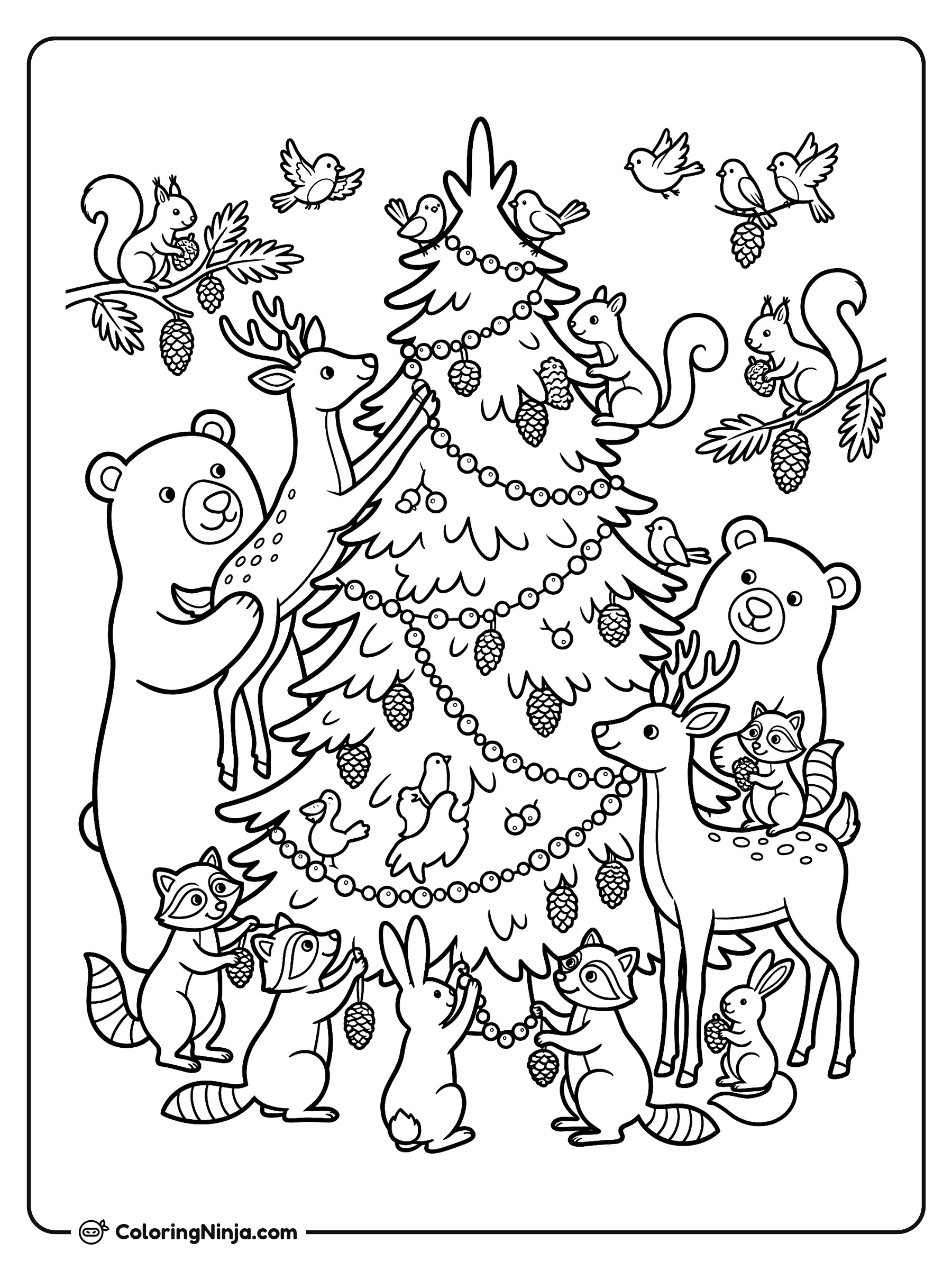 Forest Animals Christmas Tree Coloring Page