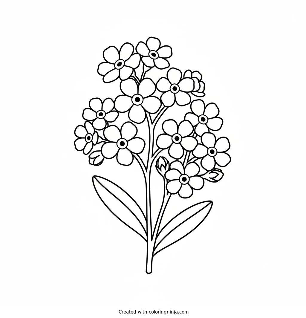 Flores de no me olvides, dibujo para colorear: Esta página muestra un delicado ramo de flores de no me olvides junto con sus hojas verdes. Su arreglo sencillo deja espacio alrededor para colorear con tranquilidad.