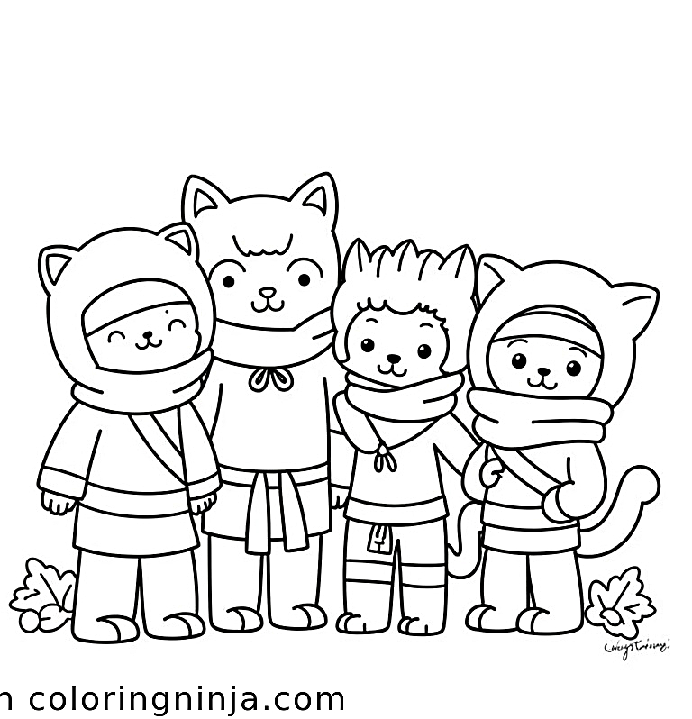 A coloring page of four ninja cats