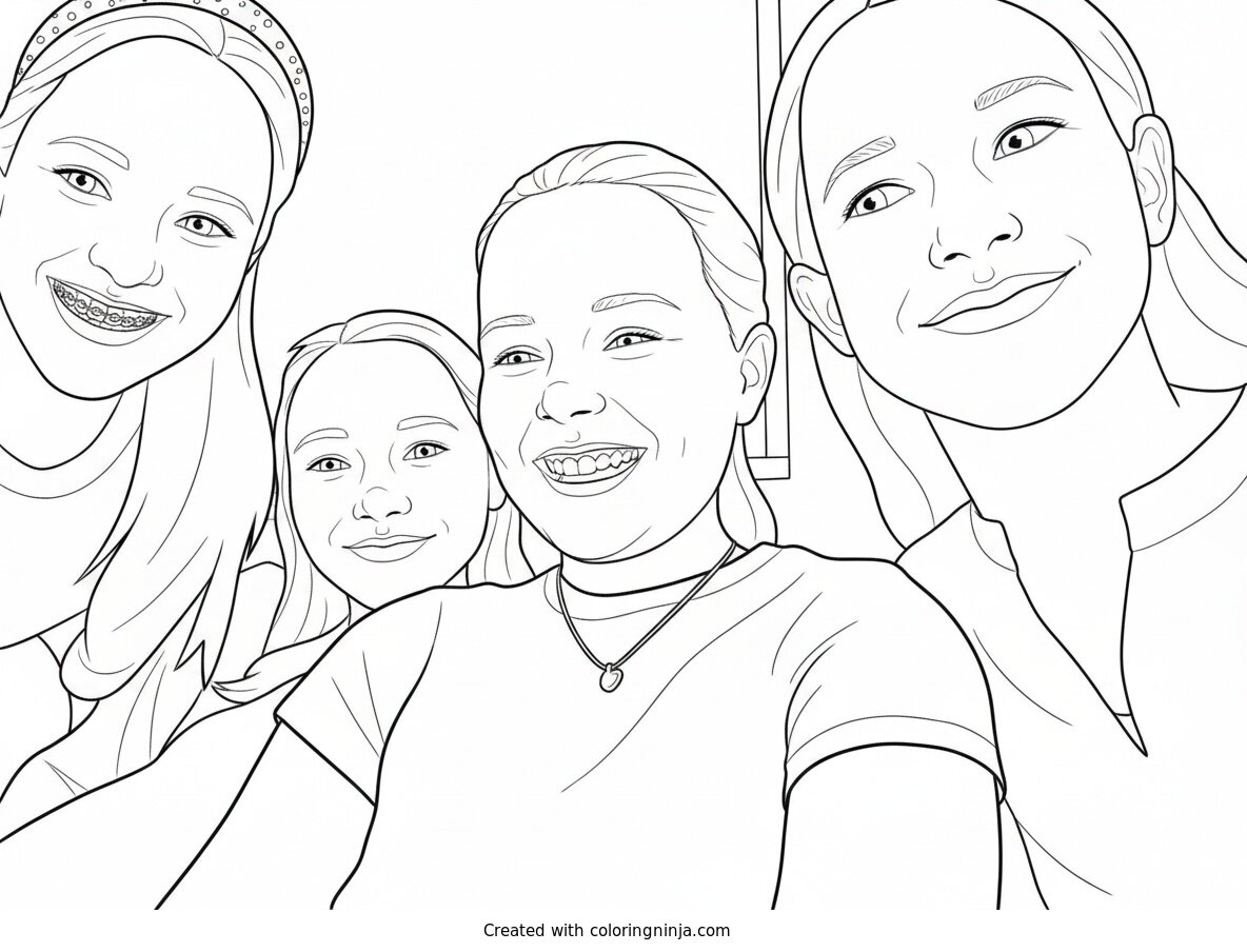 Coloring page of Four Smiling Girls Looking Down