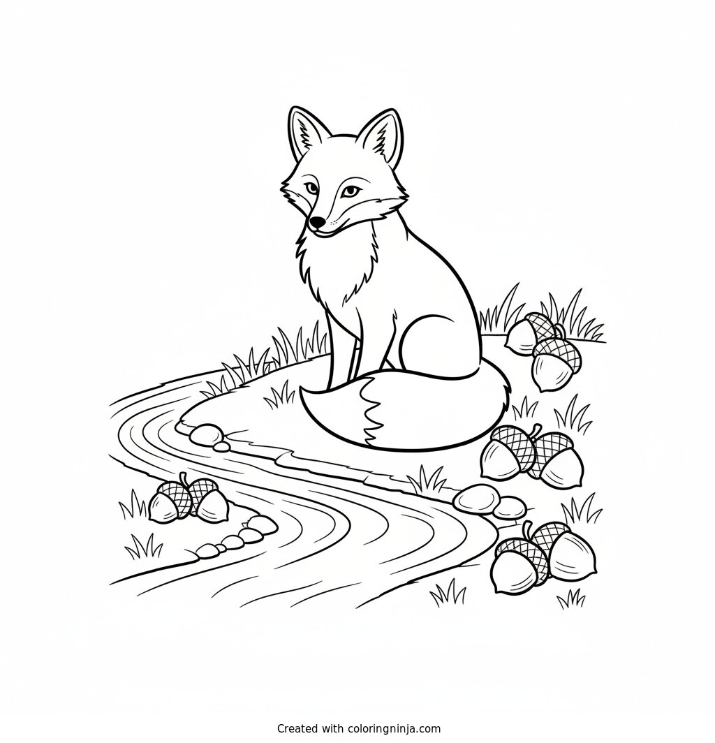 Fox Coloring Page with a Stream and Acorns