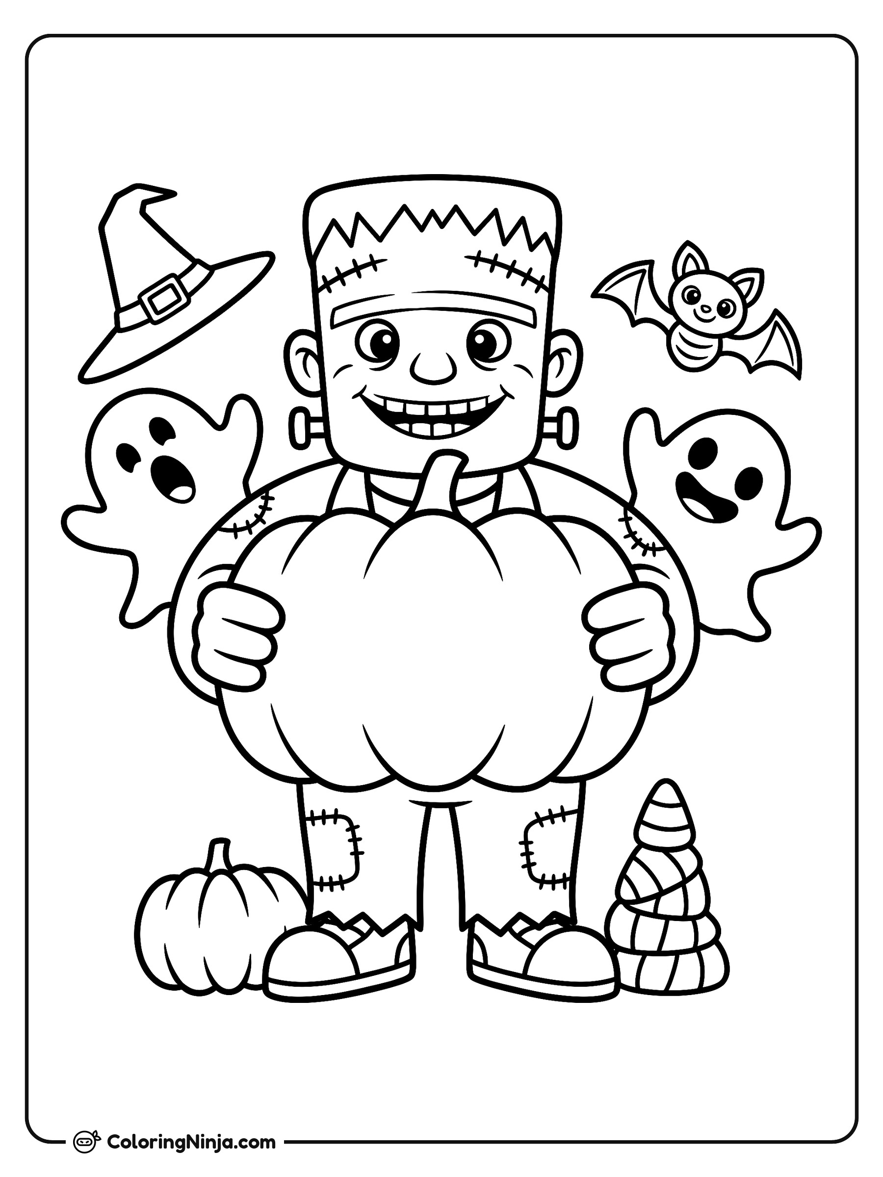 Frankenstein sosteniendo una calabaza gigante: dibujo para colorear