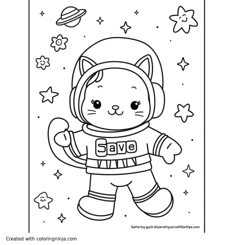 A coloring page of Friendly Astronaut with Cat in Space