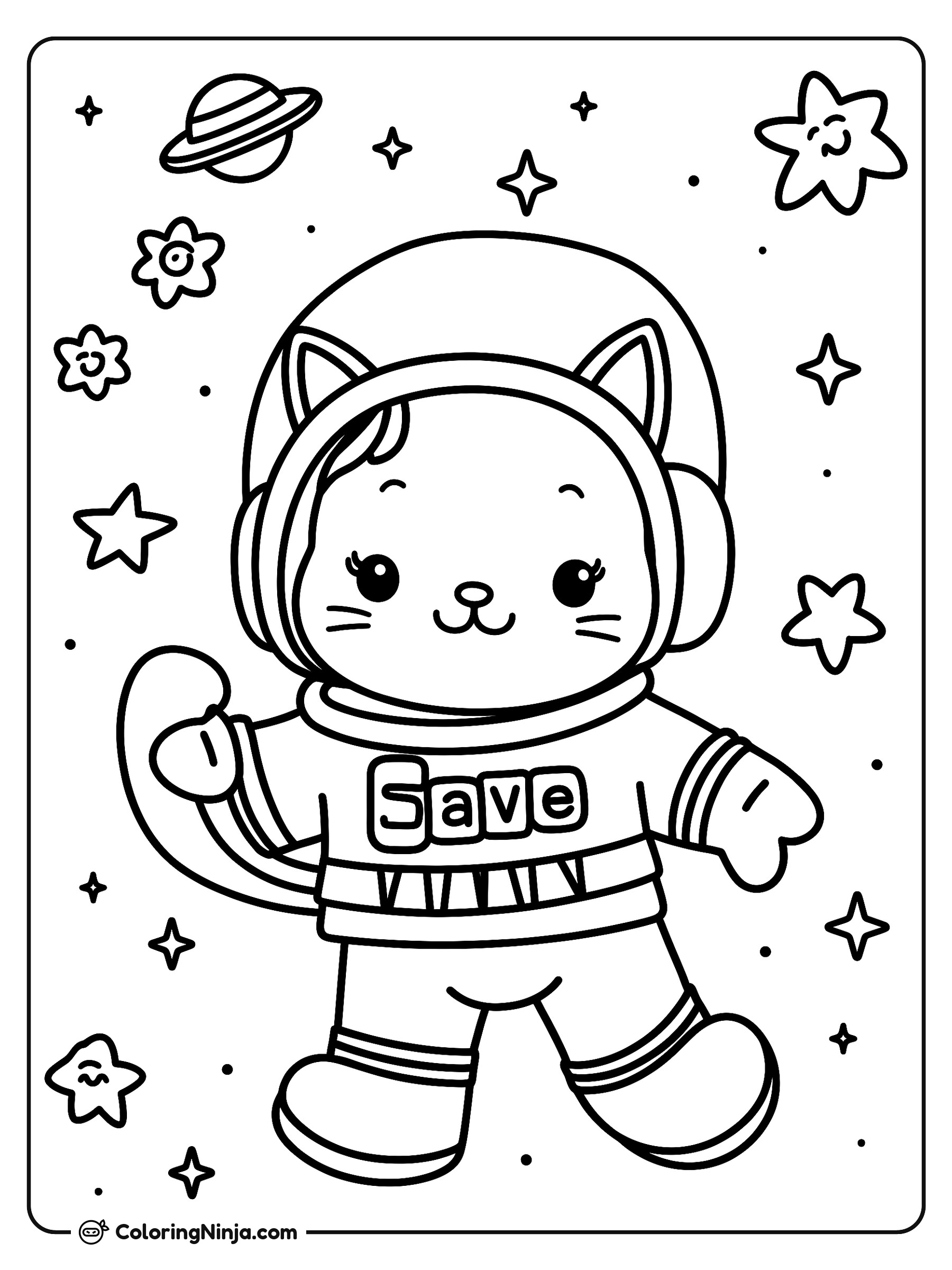 Friendly Astronaut with Cat in Space Coloring Page
