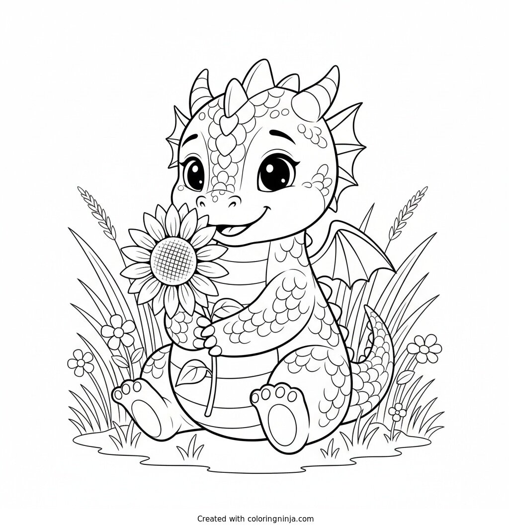 Baby Dragon and Sunflower Coloring Page