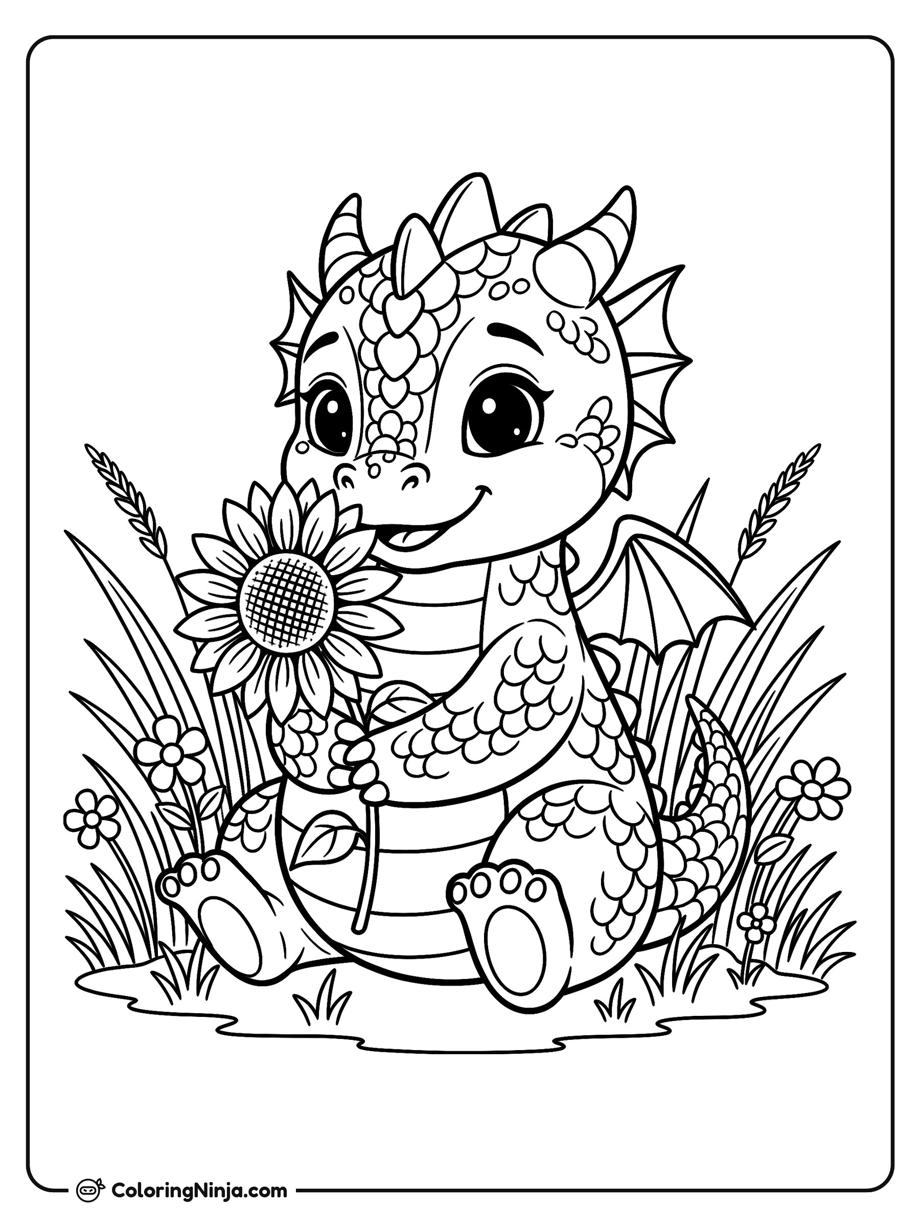 Bebé dragón con un girasol: dibujo para colorear