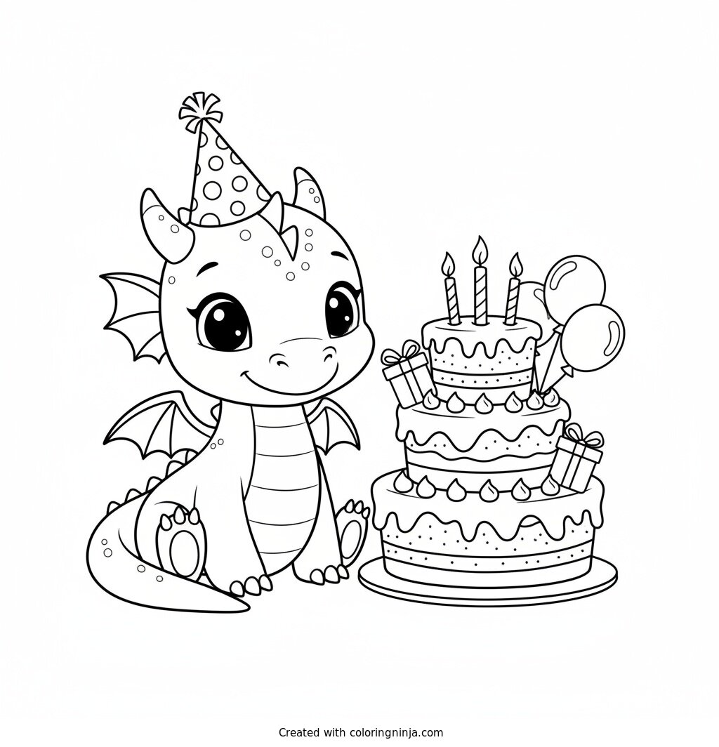Baby Dragon Birthday Party Coloring Page