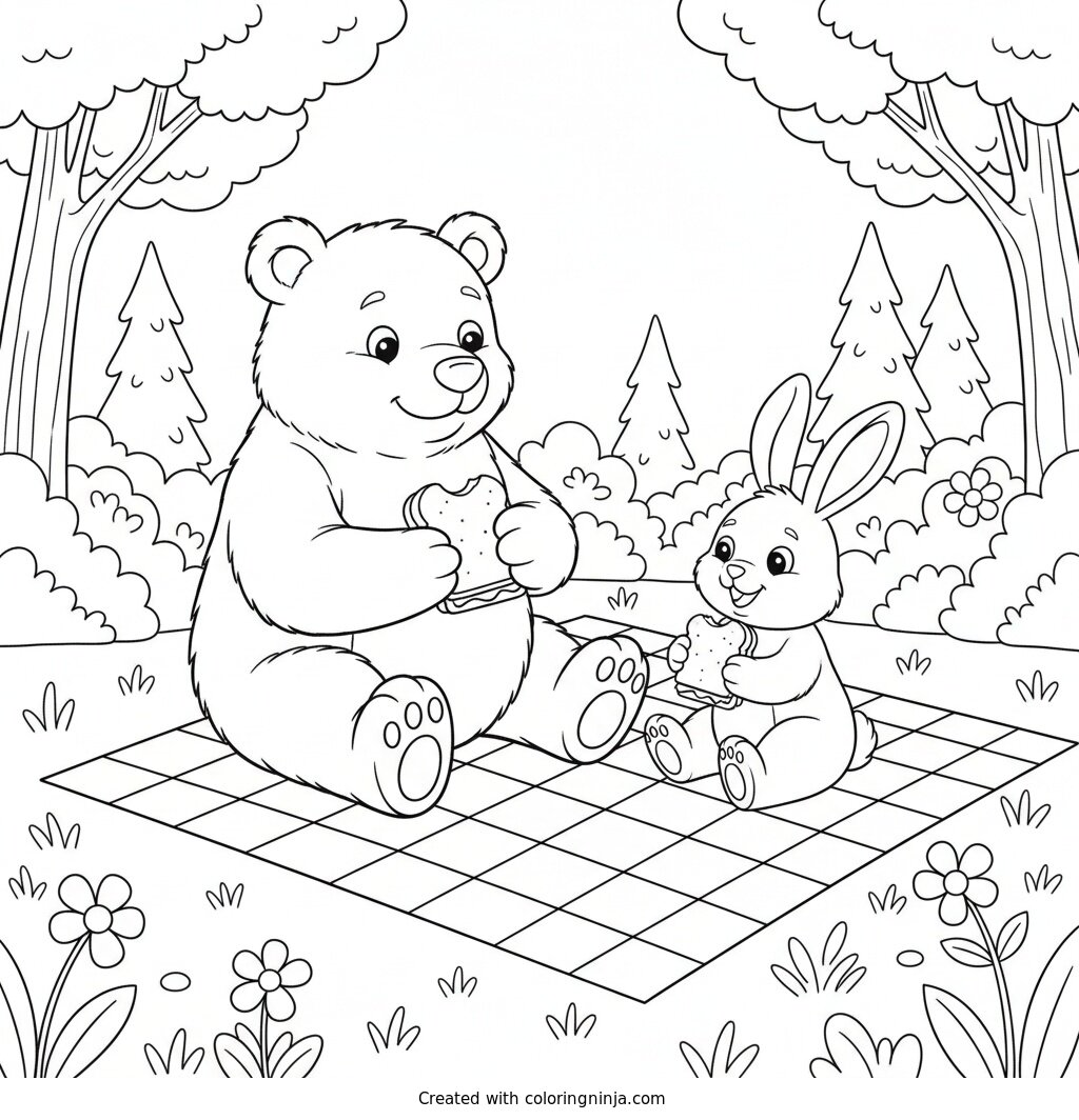 Forest Friends Picnic Party Coloring Page