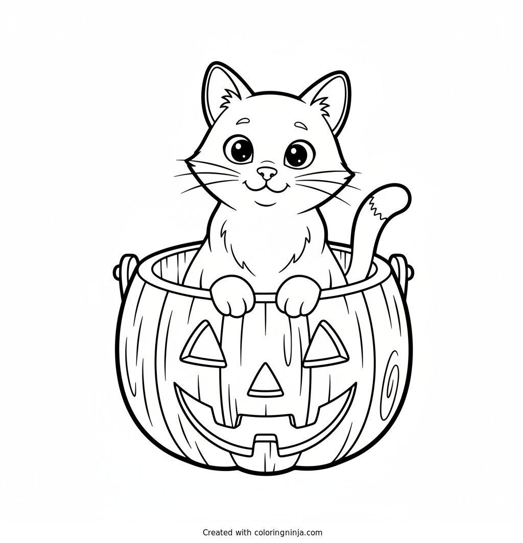 Curious Cat in a Bucket Coloring Page