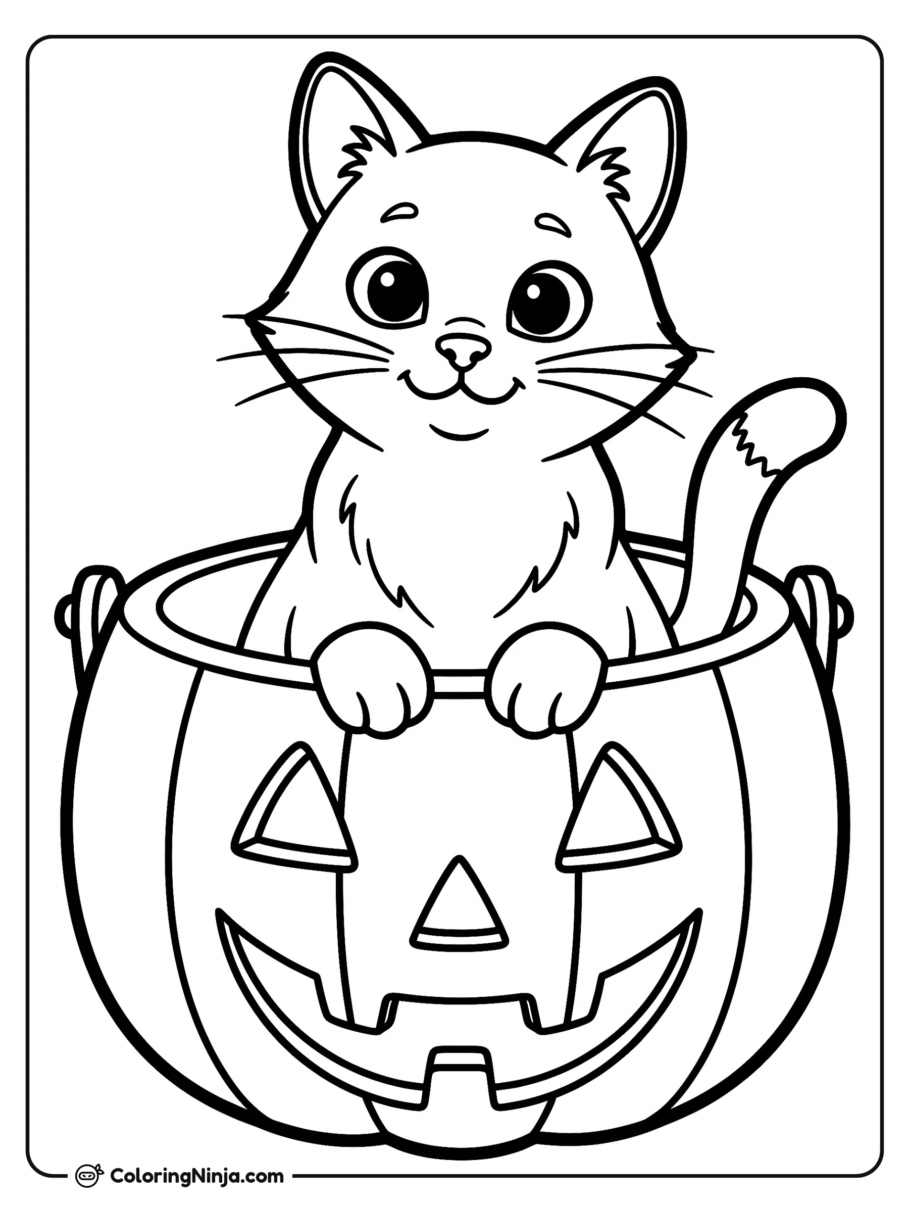 Gato curioso en una cubeta de calabaza, dibujo para colorear: Un alegre gatito curioso descansa dentro de una gran cubeta en forma de calabaza con una sonriente cara tallada.