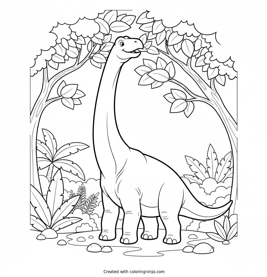 A Tall Brachiosaurus Munching Leaves Coloring Page