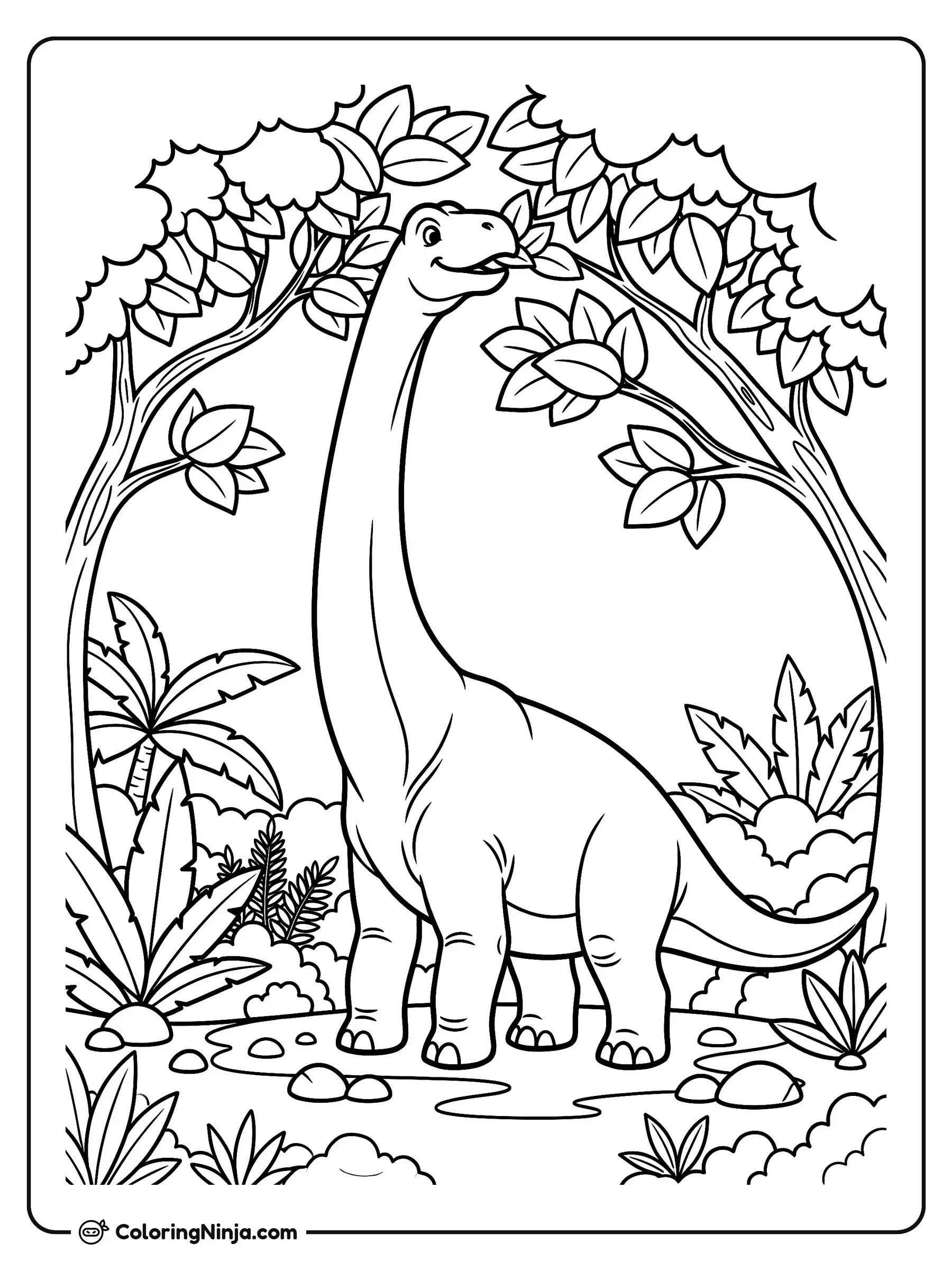 Un Braquiosaurio Alto Comiendo Hojas, dibujo para colorear: Un amigable braquiosaurio estira su largo cuello entre los árboles de la selva para alcanzar unas hojas frescas.