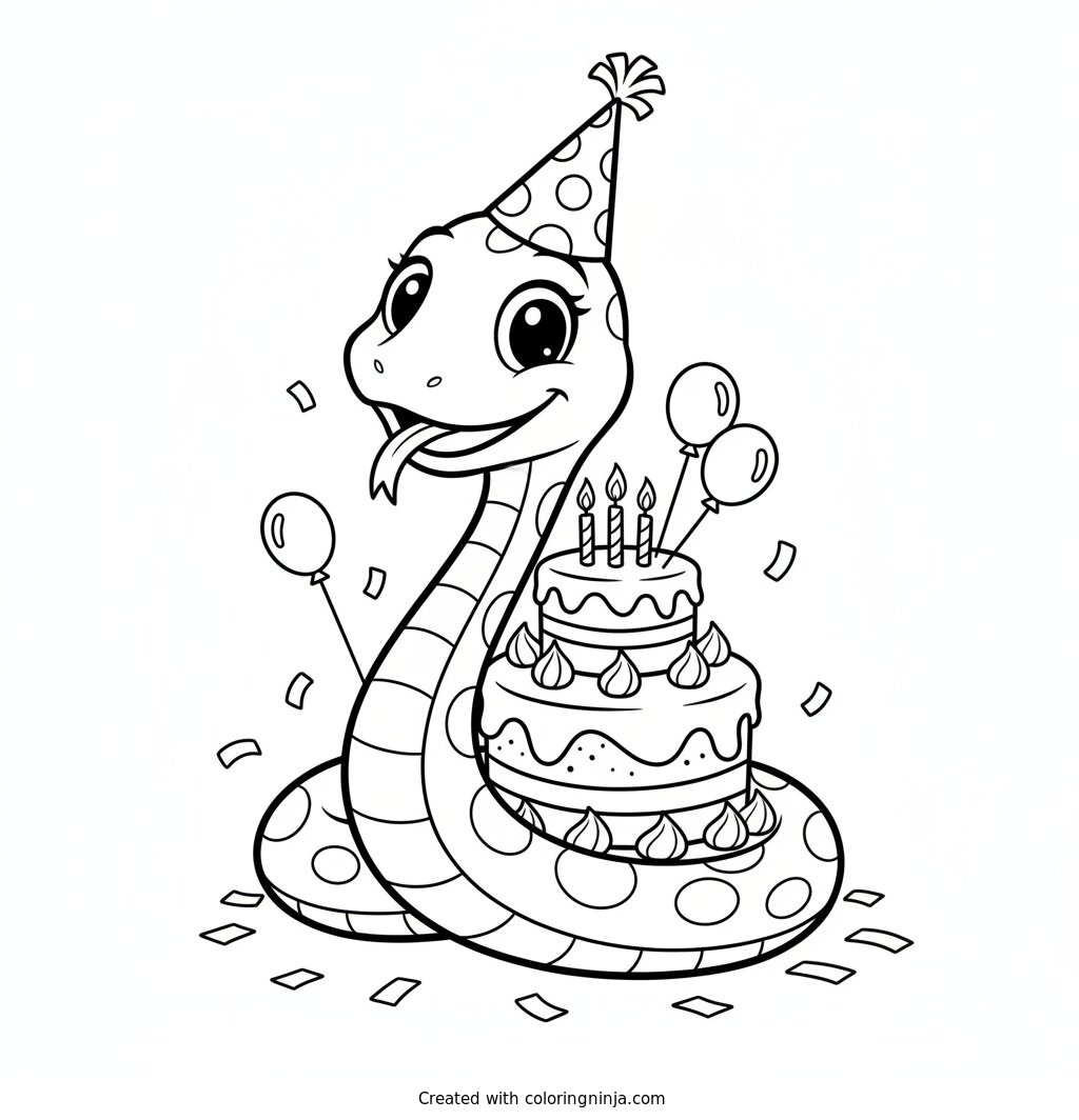 Party Snake Celebrates a Birthday Coloring Page